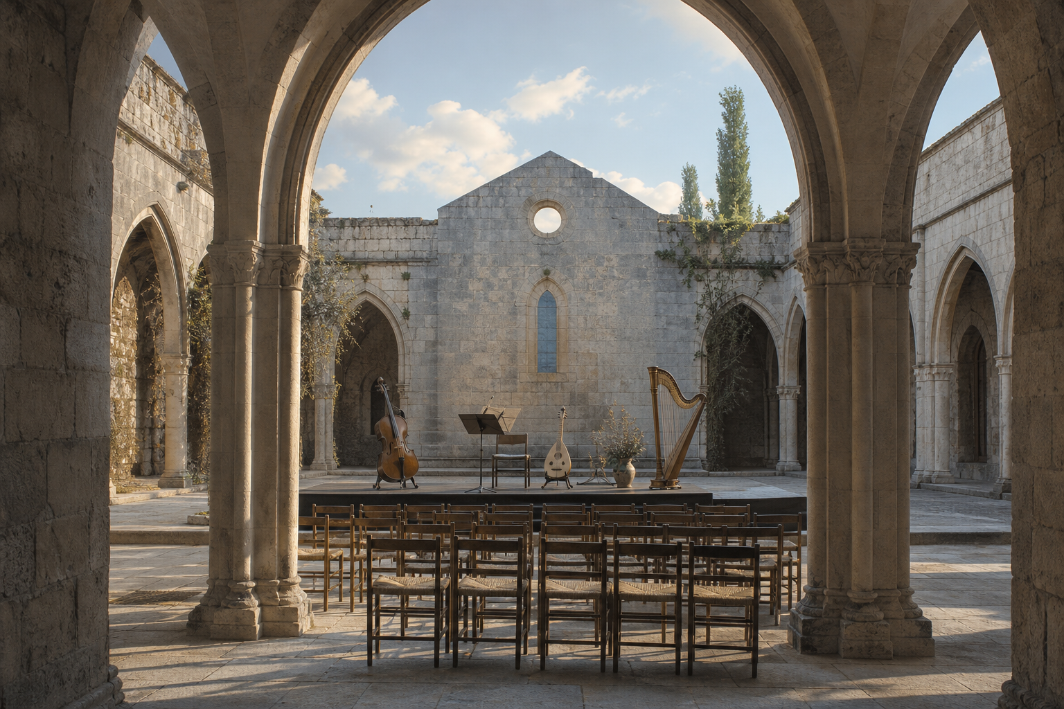 Wide-angle view of a medieval monastery courtyard set up for an intimate acoustic concert, with rows of wooden chairs facing a small stage and stone arches over
