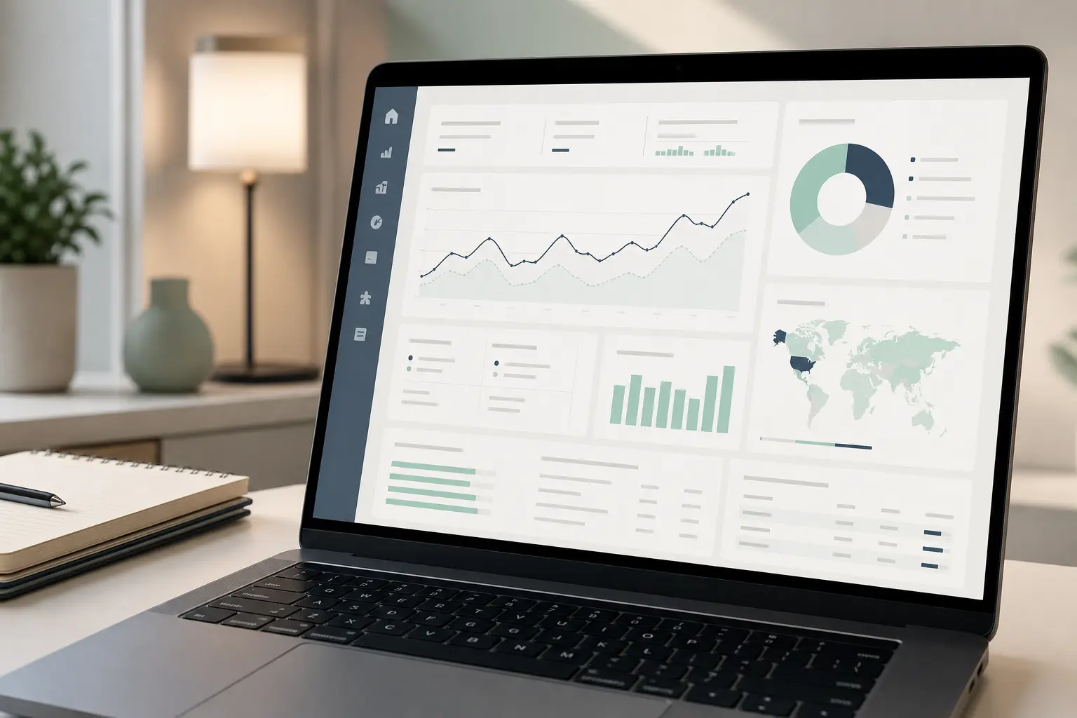 Ecran de laptop care afișează un dashboard Google Analytics cu grafice de trafic, pe un birou cu caiet de notițe