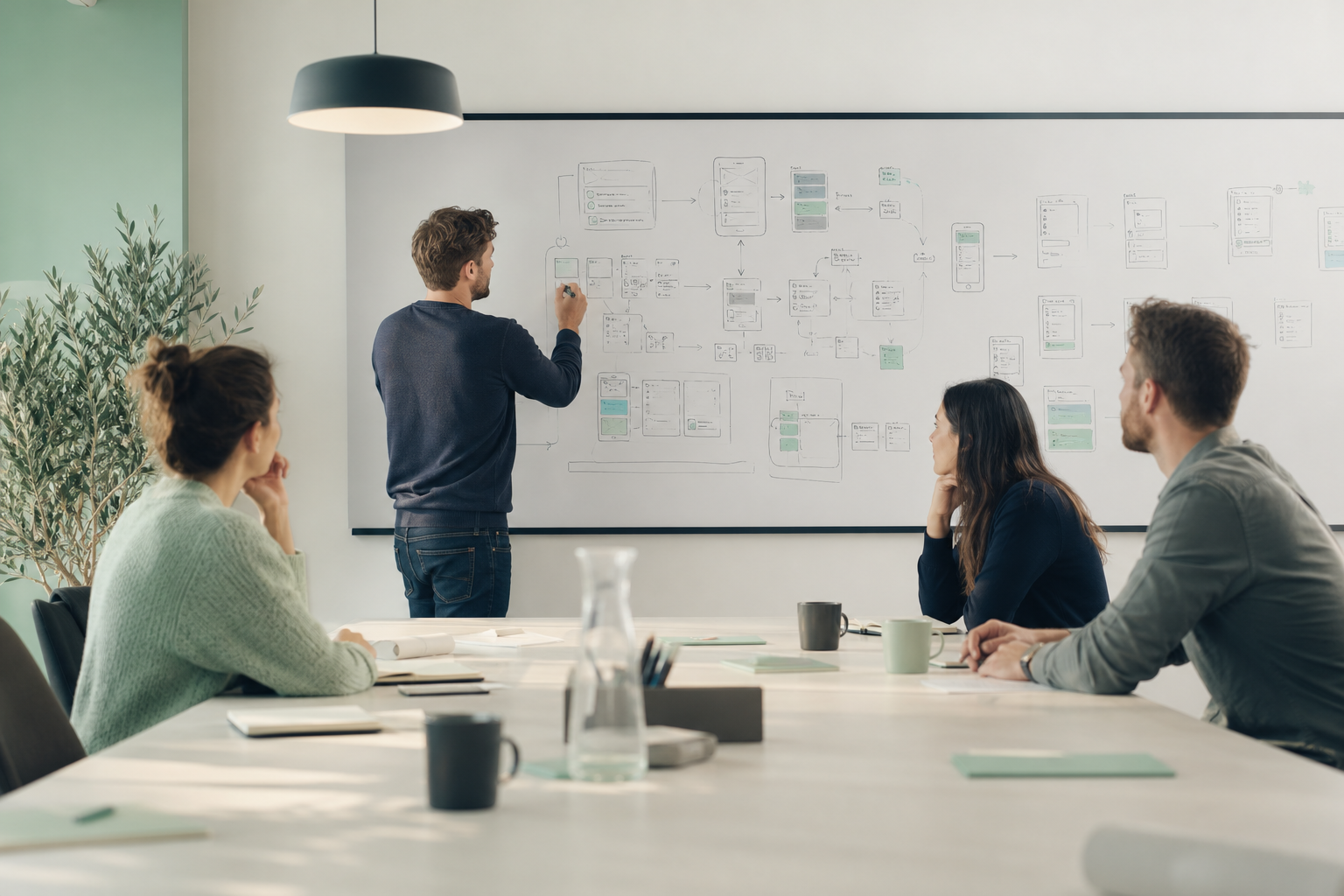 Una sessione di workshop di scoperta tra un cliente e un team di sviluppo, con note e schizzi di flusso di applicazione su una lavagna bianca