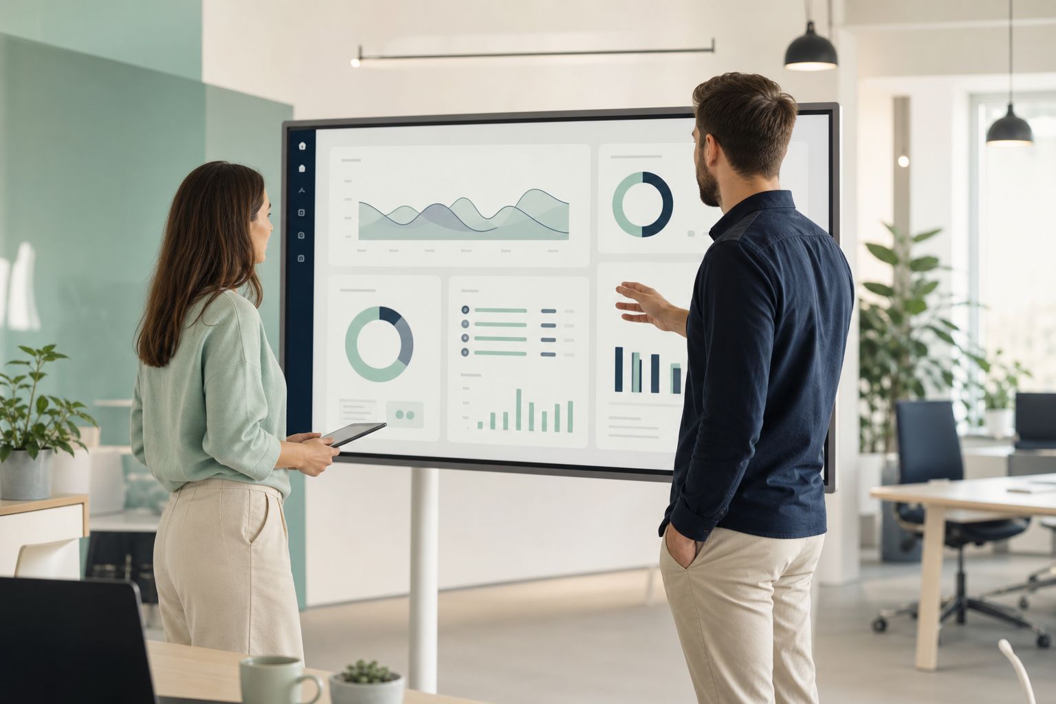 A small team of two people from an SME in Râmnicu Vâlcea analyzing on a large screen a report from an AI chatbot with statistics on automated conversations