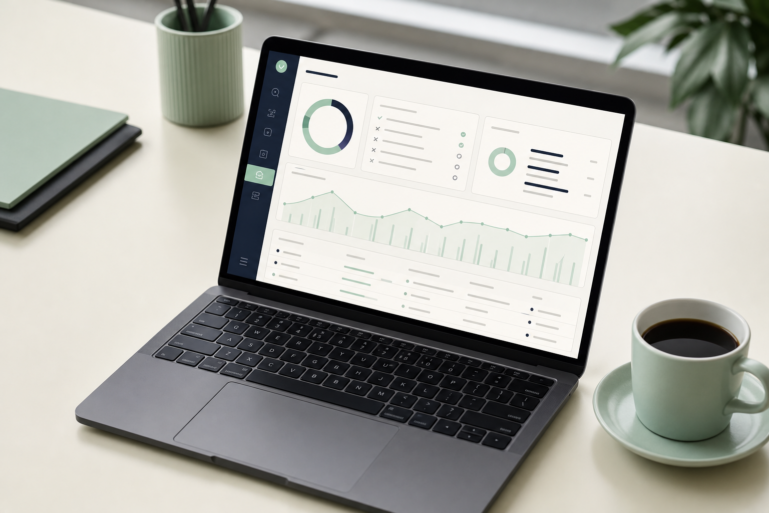Laptop screen displaying the Neogenio SEO and GEO AI engine interface, with audit report and ranking charts, on an organized work desk with a cup of