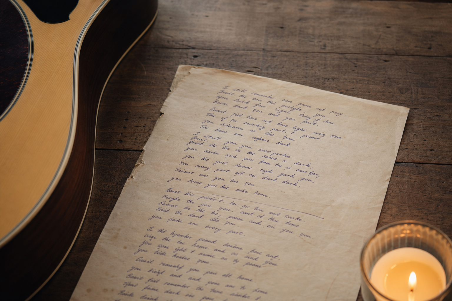Close-up of handwritten song lyrics on aged paper resting on a wooden surface, with an acoustic guitar body and a small birthday candle visible softly out of fo