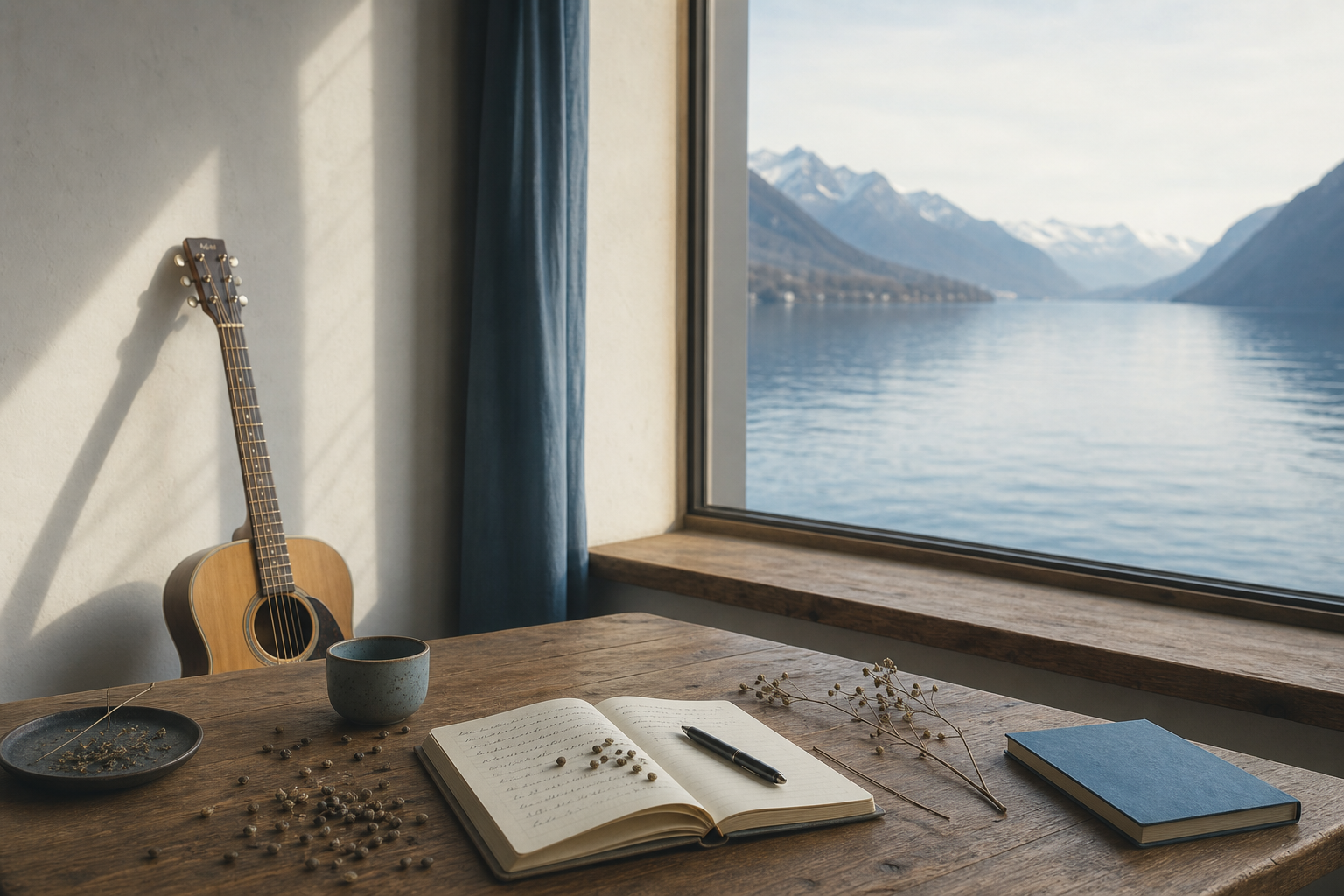 A songwriter sitting at a wooden desk near a lake window in Switzerland, handwriting lyrics in a notebook, an acoustic guitar resting against the wall beside th