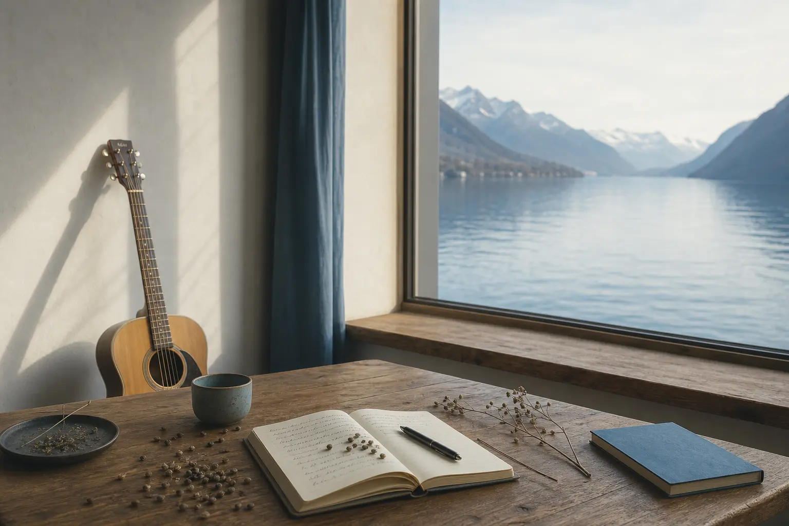 Ein Songwriter sitzt an einem Holztisch nahe einem Fenster mit Seeblick in der Schweiz und schreibt Liedtexte in ein Notizbuch, eine Akustikgitarre lehnt neben th an der Wand