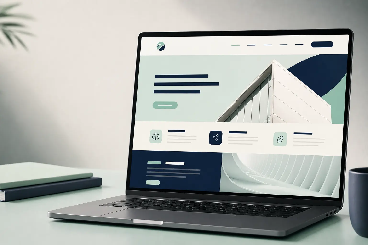 Ecran de laptop care afișează un website WordPress complet generat de AI, cu logo de brand și culori personalizate vizibile