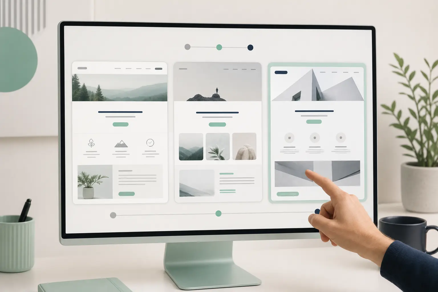 Vergleichsbildschirm mit mehreren Logos oder Schnittstellen von Website-Erstellungsplattformen (Wix, Webnode, WordPress), die gleichzeitig auf einem Desktop-Monitor angezeigt werden
