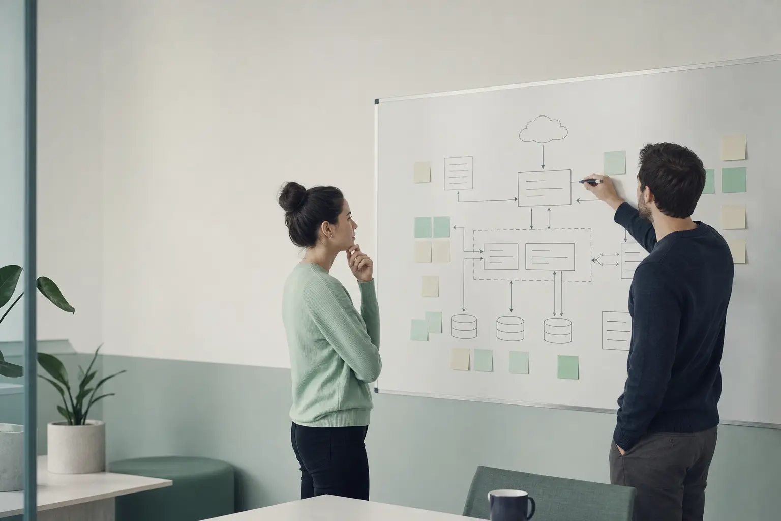 A small team of two developers at a whiteboard where they've drawn the architecture of an MVP, with colored sticky notes representing prioritized features