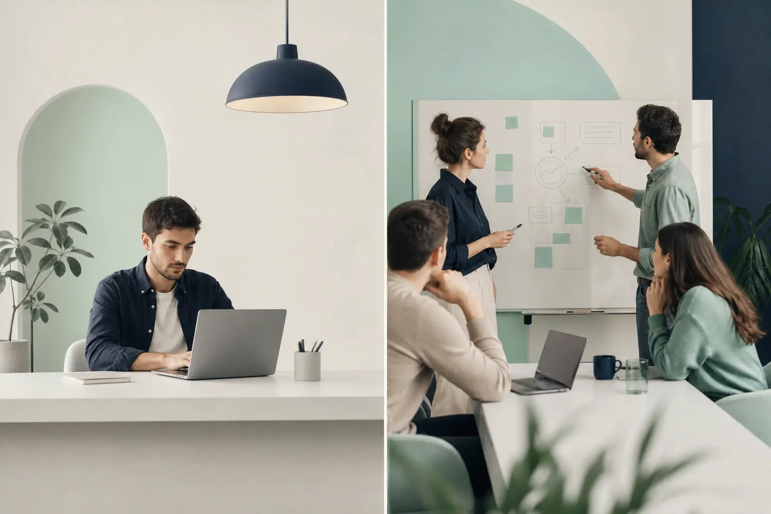 O comparație vizuală între un freelancer SEO lucrând singur la un laptop și o echipă mică de agenție în jurul unui whiteboard cu strategie SEO