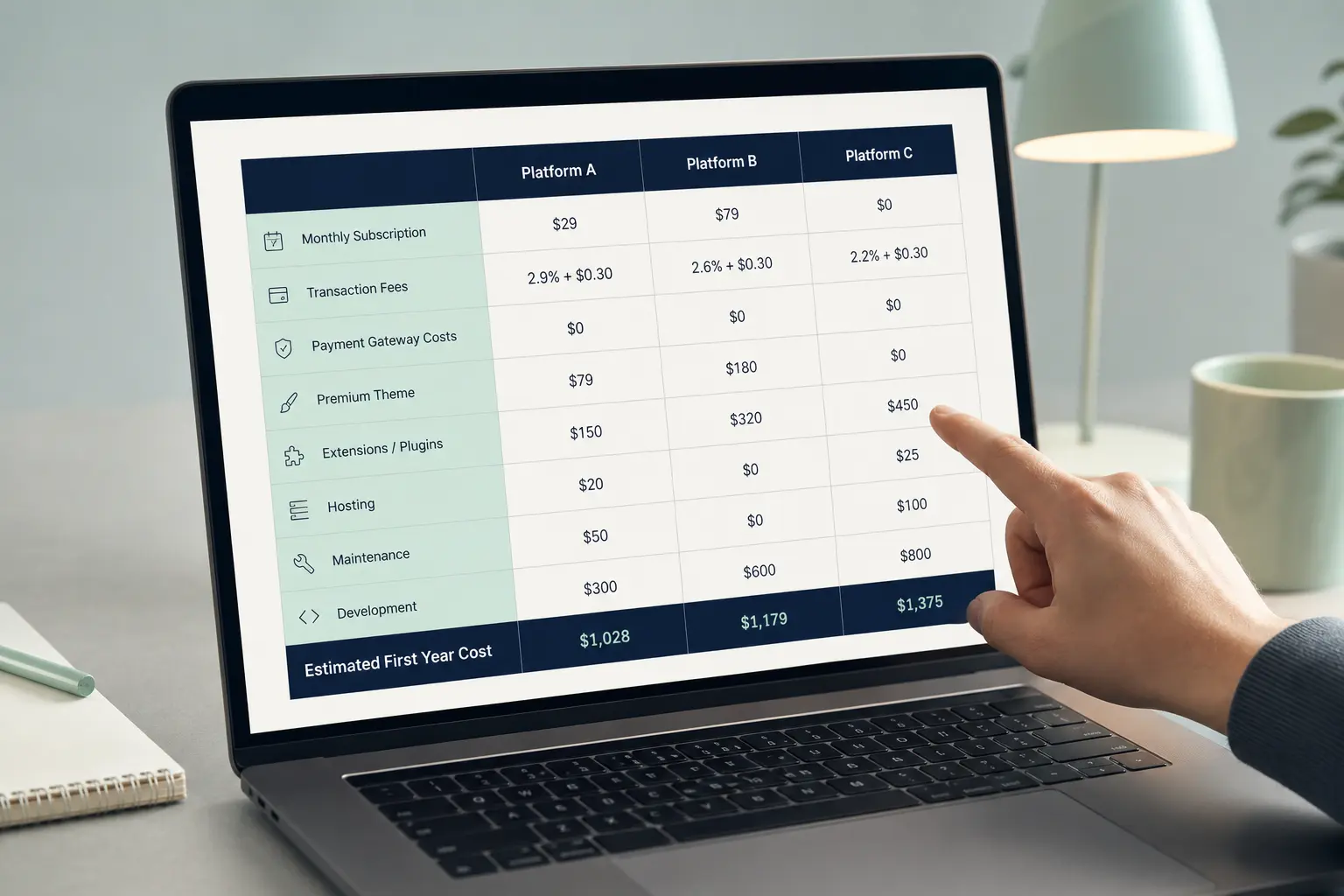 A laptop screen showing a cost comparison table between WooCommerce, Shopify, and Magento, with figures clearly visible