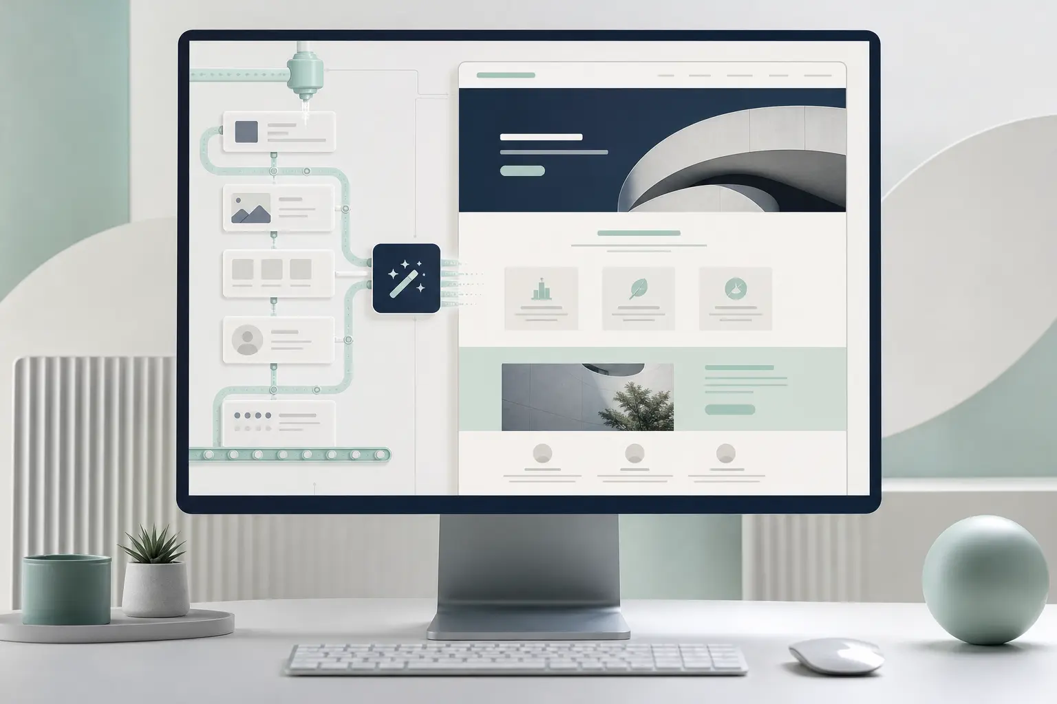 AI interface that automatically generates pages for a WordPress website, with preview visible on a desktop monitor