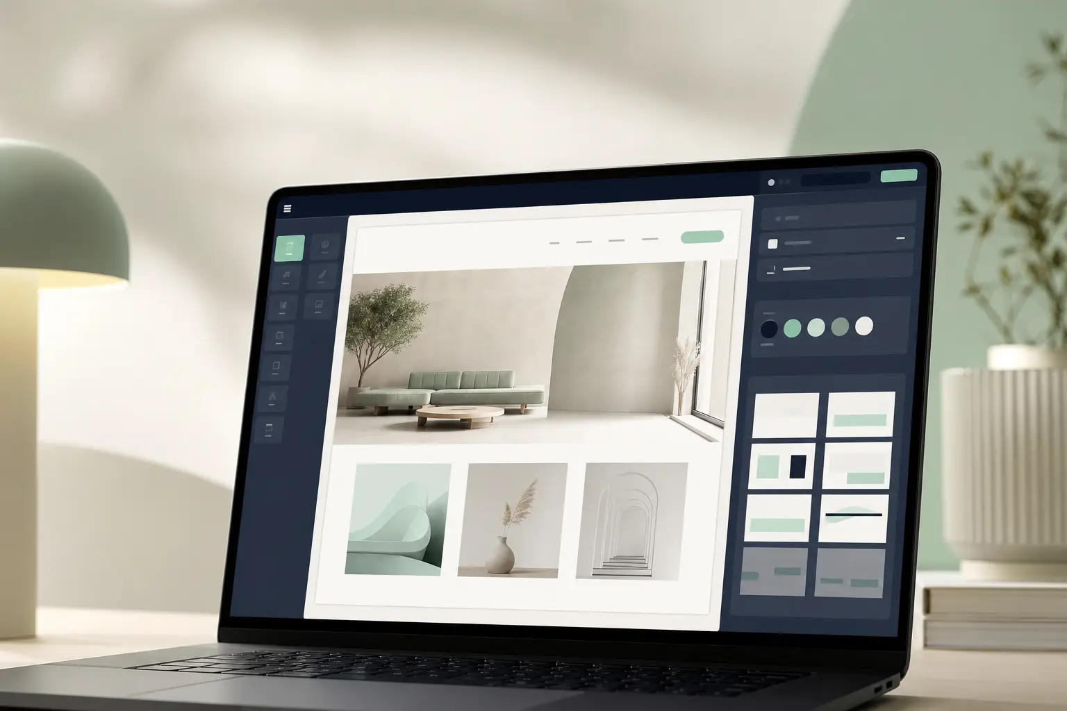 Laptop-Bildschirm mit der Benutzeroberfläche eines KI-Website-Builders mit sichtbaren benutzerdefinierten Designelementen auf einem sauberen Schreibtisch in einem Büroraum