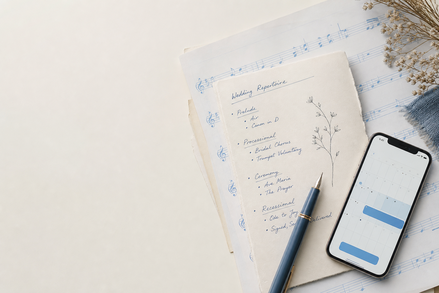 A close-up overhead view of handwritten wedding repertoire notes and a pen resting on sheet music, with a smartphone showing a calendar booking screen beside it