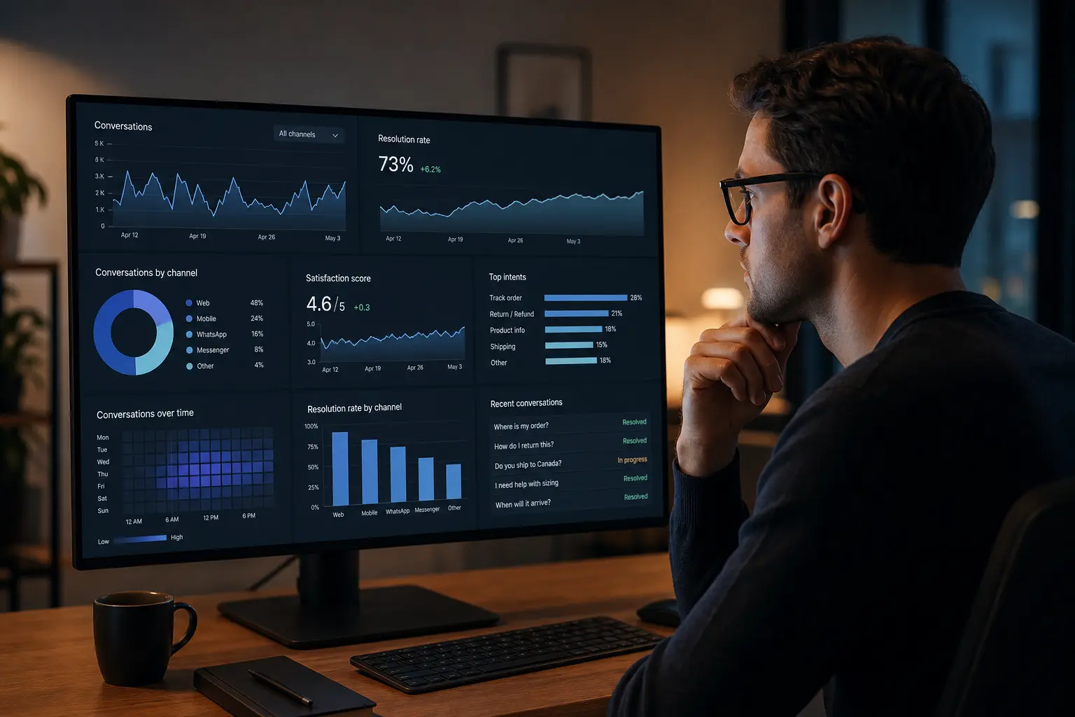 O persoană care analizează grafice de performanță ale unui chatbot pe un monitor mare, cu date despre conversații și rate de rezolvare vizibile pe ecran