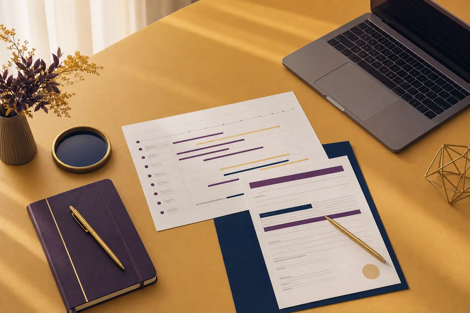 A corporate event planner sitting at a desk reviewing a printed event timeline and performer contract documents, with a laptop and notepad nearby