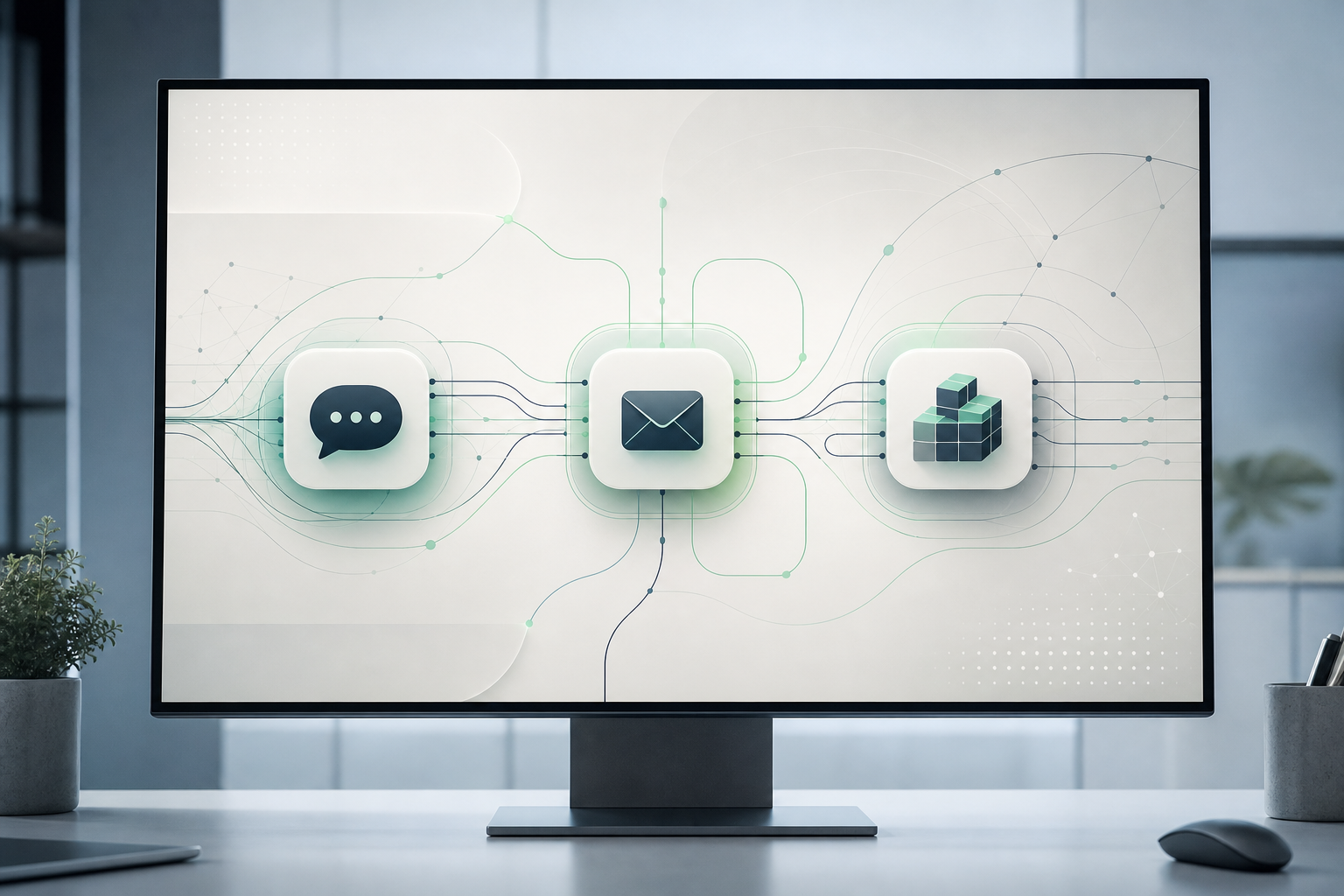 Visual diagram of an AI automation flow for an online store: arrows connecting a chatbot, an automated email and an inventory panel, on a large screen