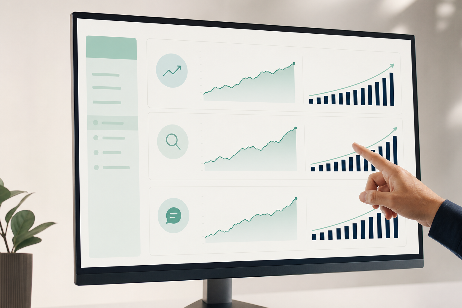 Screen of a large monitor displaying a comparison panel with SEO and GEO statistics: organic traffic graphs, positions in Google and mentions in ChatGPT, all with