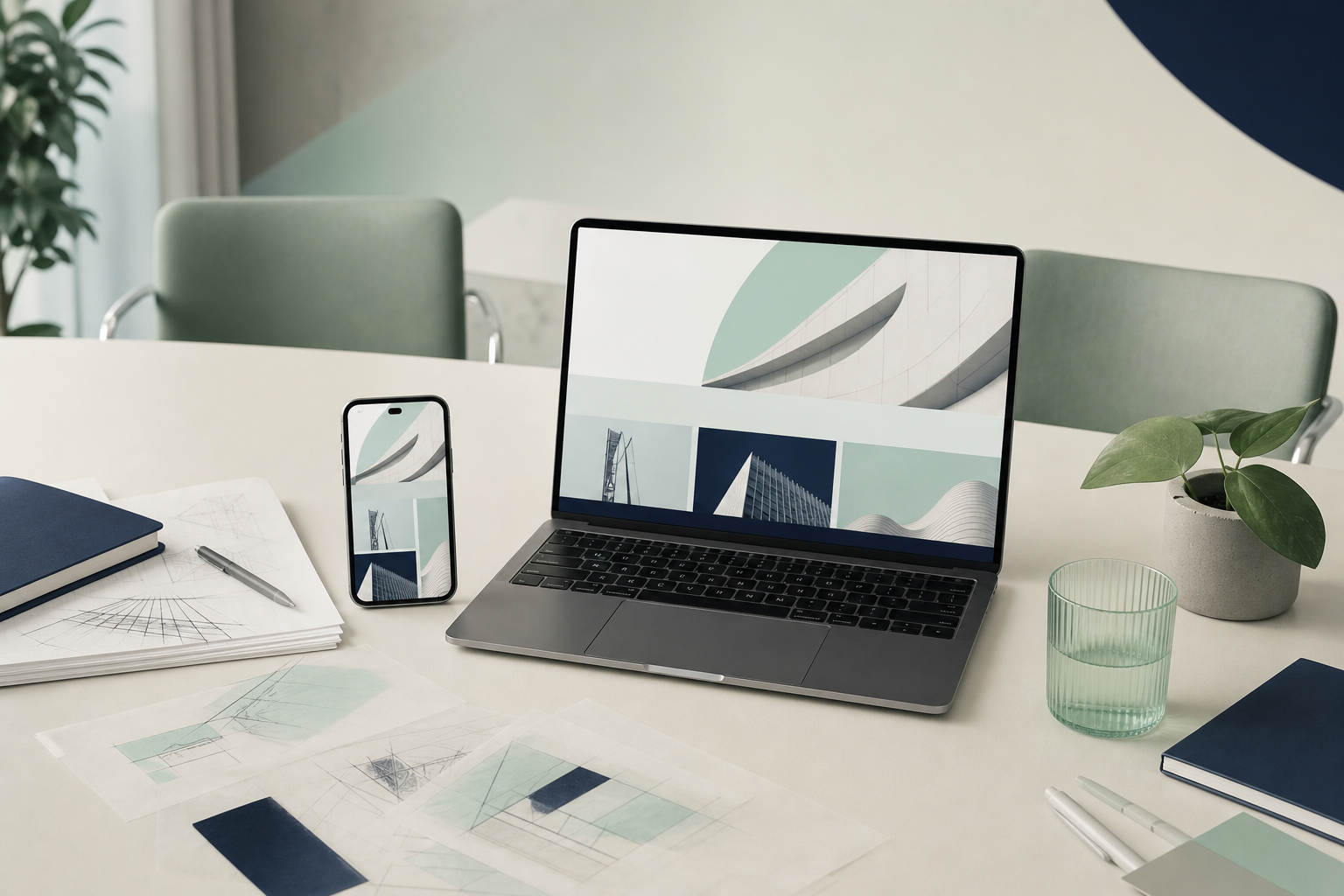 Mobiltelefon und Laptop zeigen die gleiche responsive Website, auf einem Konferenztisch in Bukarest mit Notizen und Design-Skizzen daneben platziert
