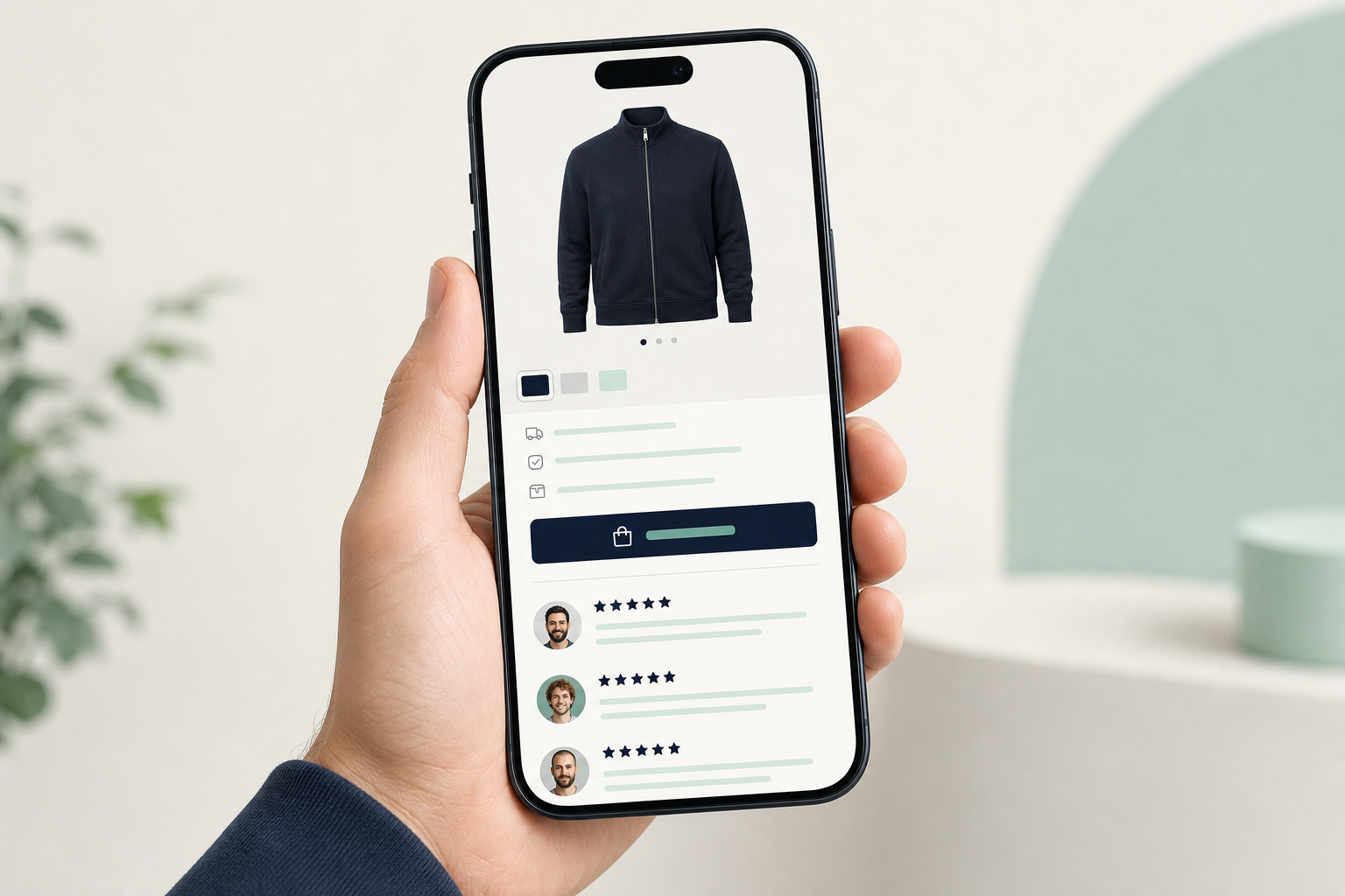 Smartphone screen displaying a product page from a Romanian online store, with Add to Cart button visible and customer reviews below the image