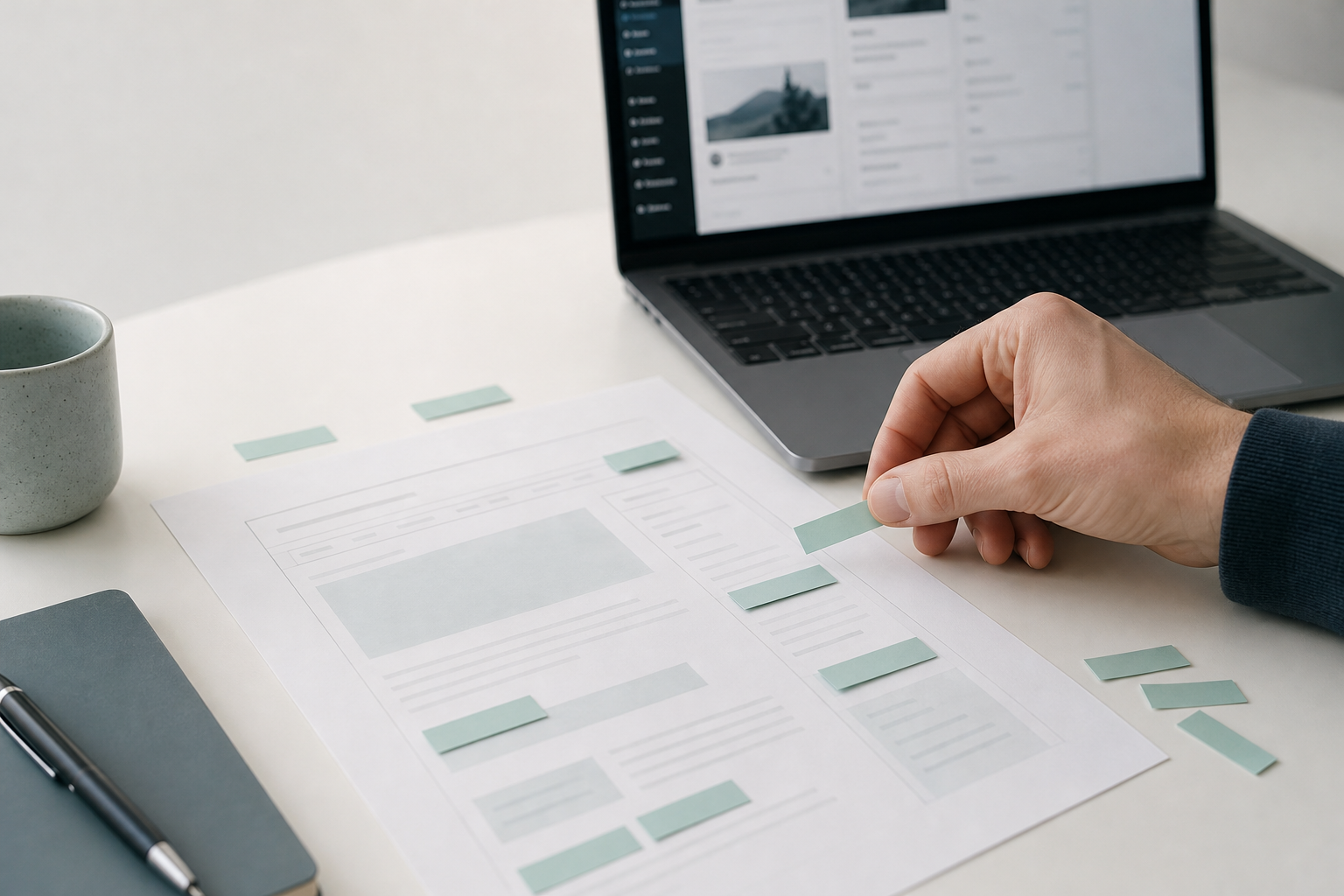 Hand, die Schema-Markup-Etiketten auf ein Blatt Papier mit der Struktur eines Web-Artikels neben einem geöffneten Laptop mit WordPress-Editor hinzufügt