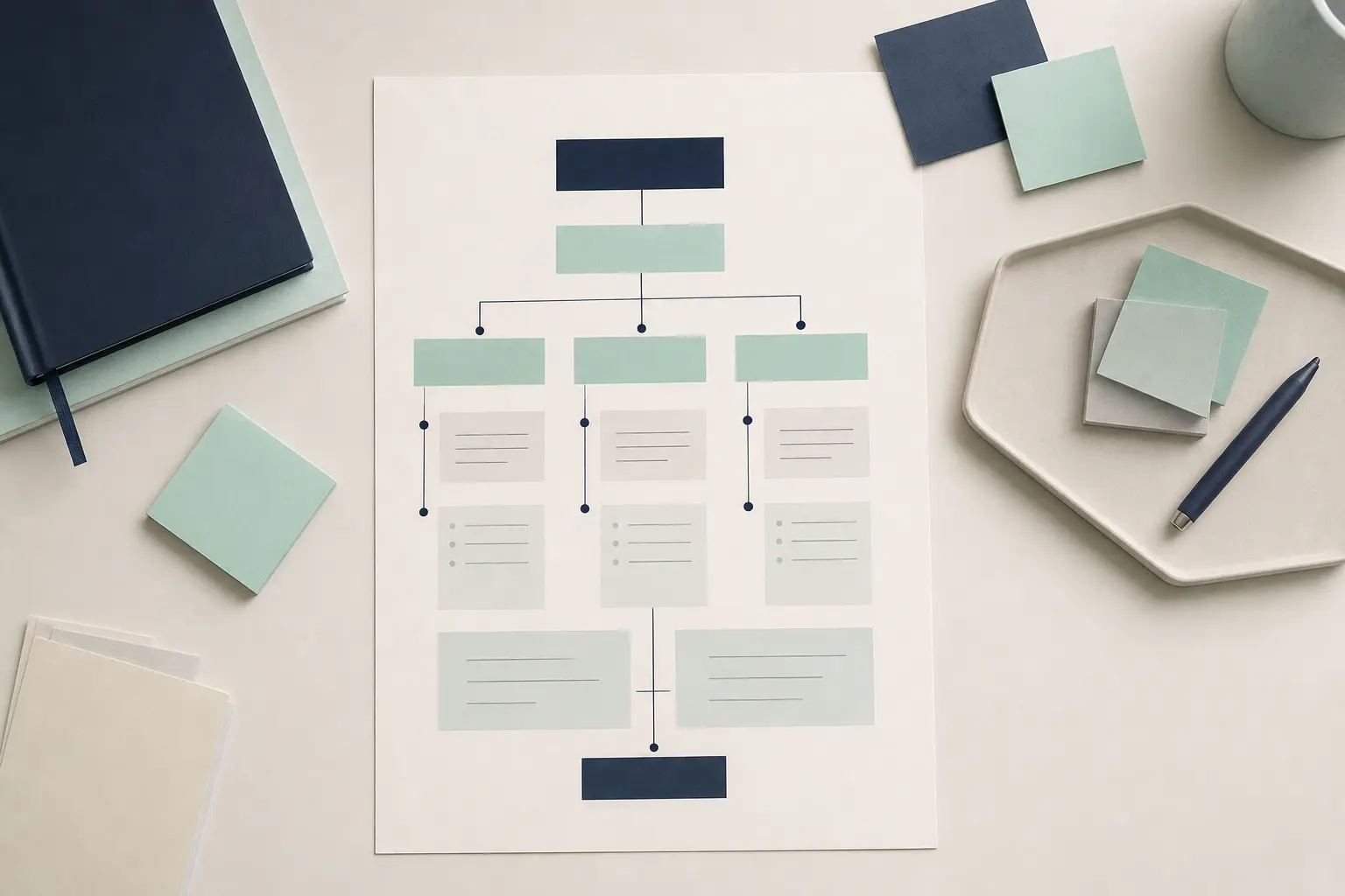 Office with documents, sticky notes, and a diagram on paper illustrating the structure of an article optimized for AI engines, no screens