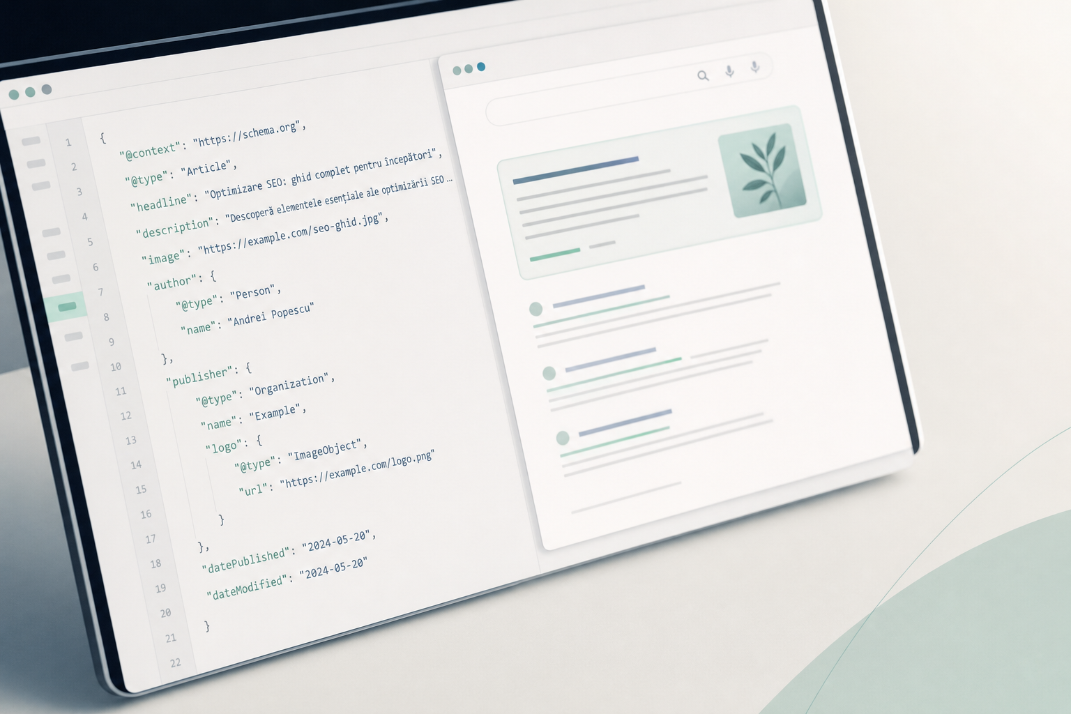 Ecran cu cod JSON-LD de schema markup deschis într-un editor de cod, alături de o fereastră de browser cu un rich result Google