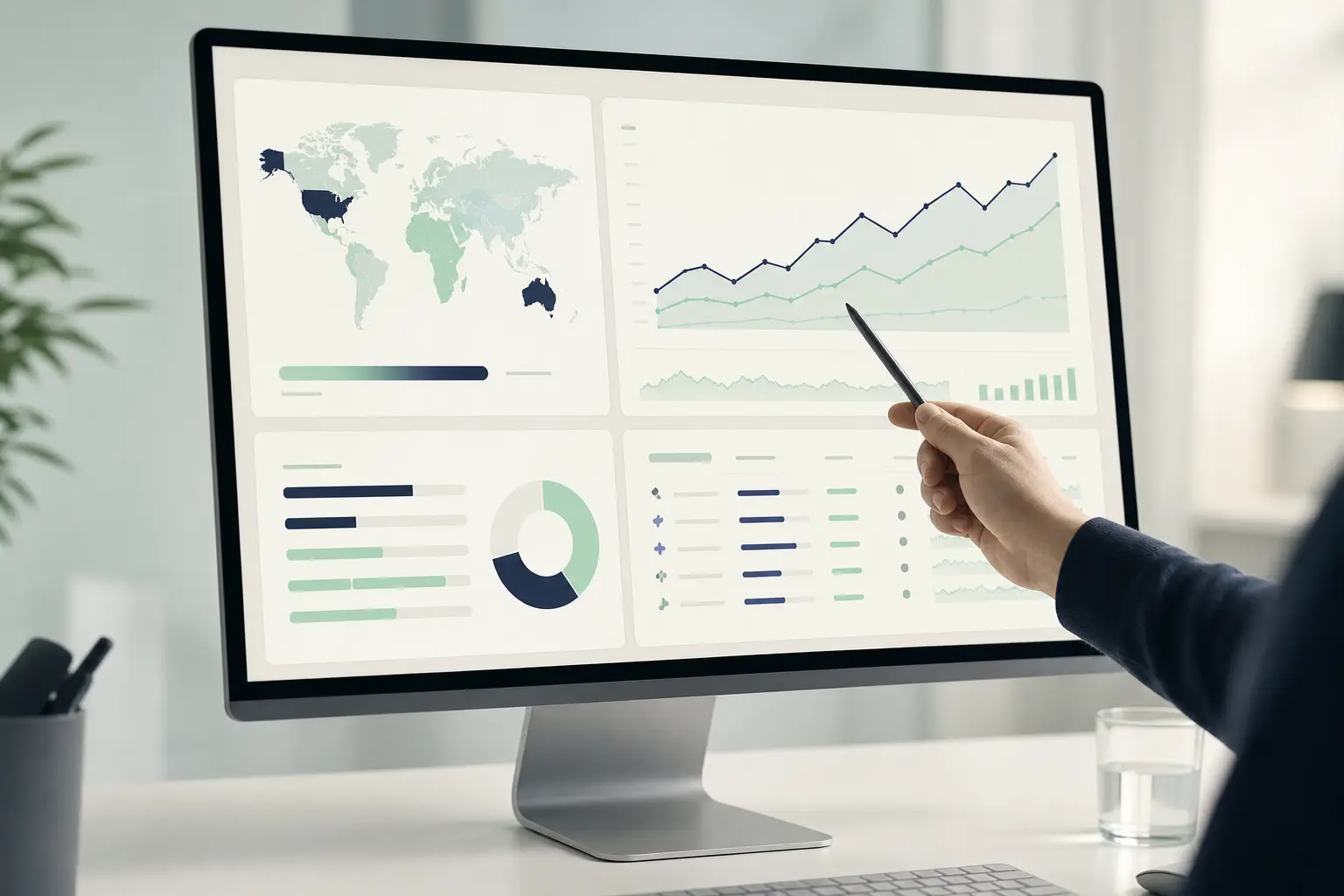 Desktop screen showing an SEO audit report with Google visibility graphs and a GEO comparison panel for AI engines