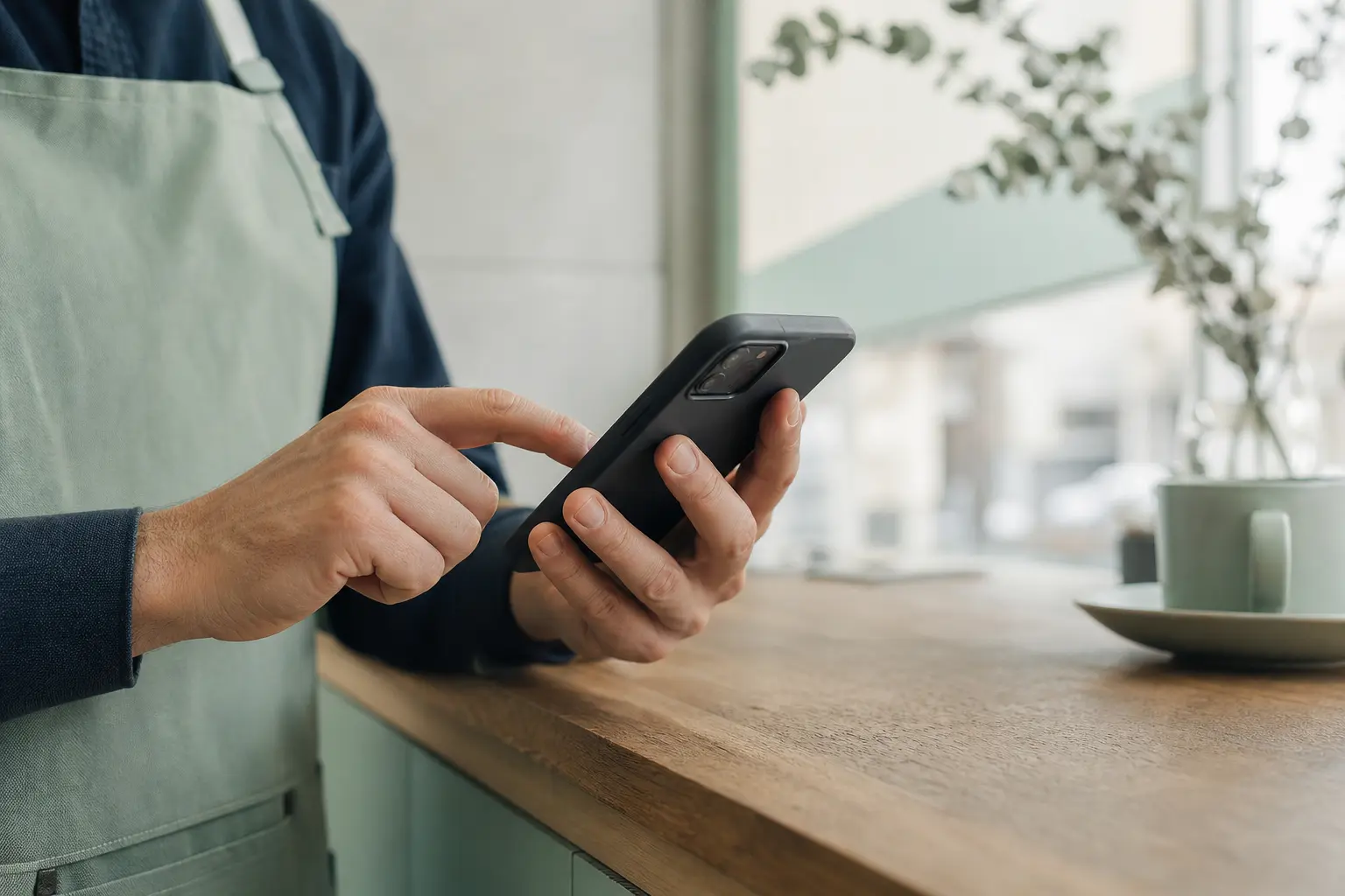 Propriétaire d'une petite cafétéria en Roumanie qui met à jour le profil Google Business Profile sur un téléphone mobile, à l'intérieur du local
