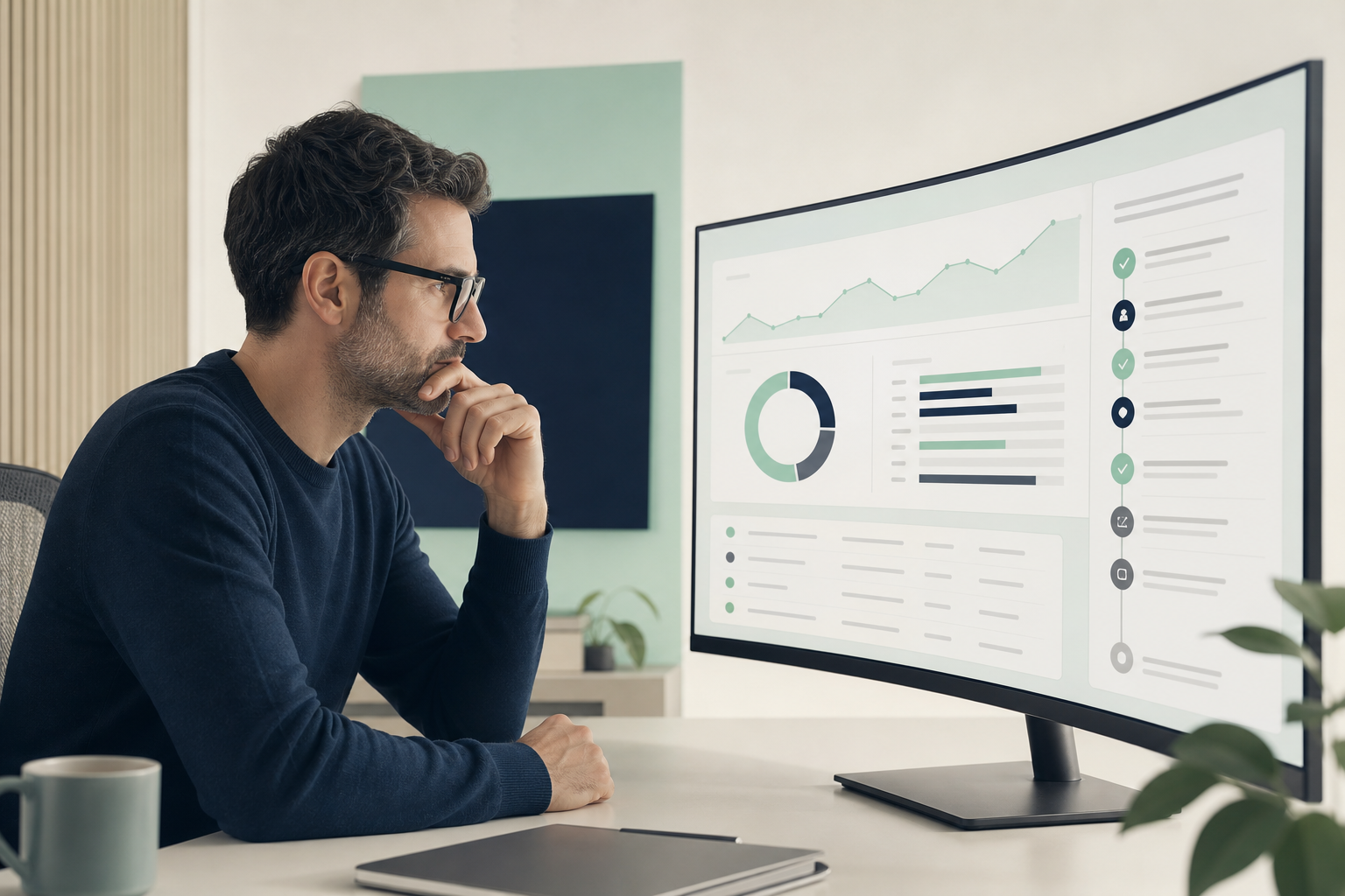Un professionista umano che esamina su un grande schermo un rapporto generato dall'IA, con indicatori di audit e tracciabilità visibili nell'interfaccia