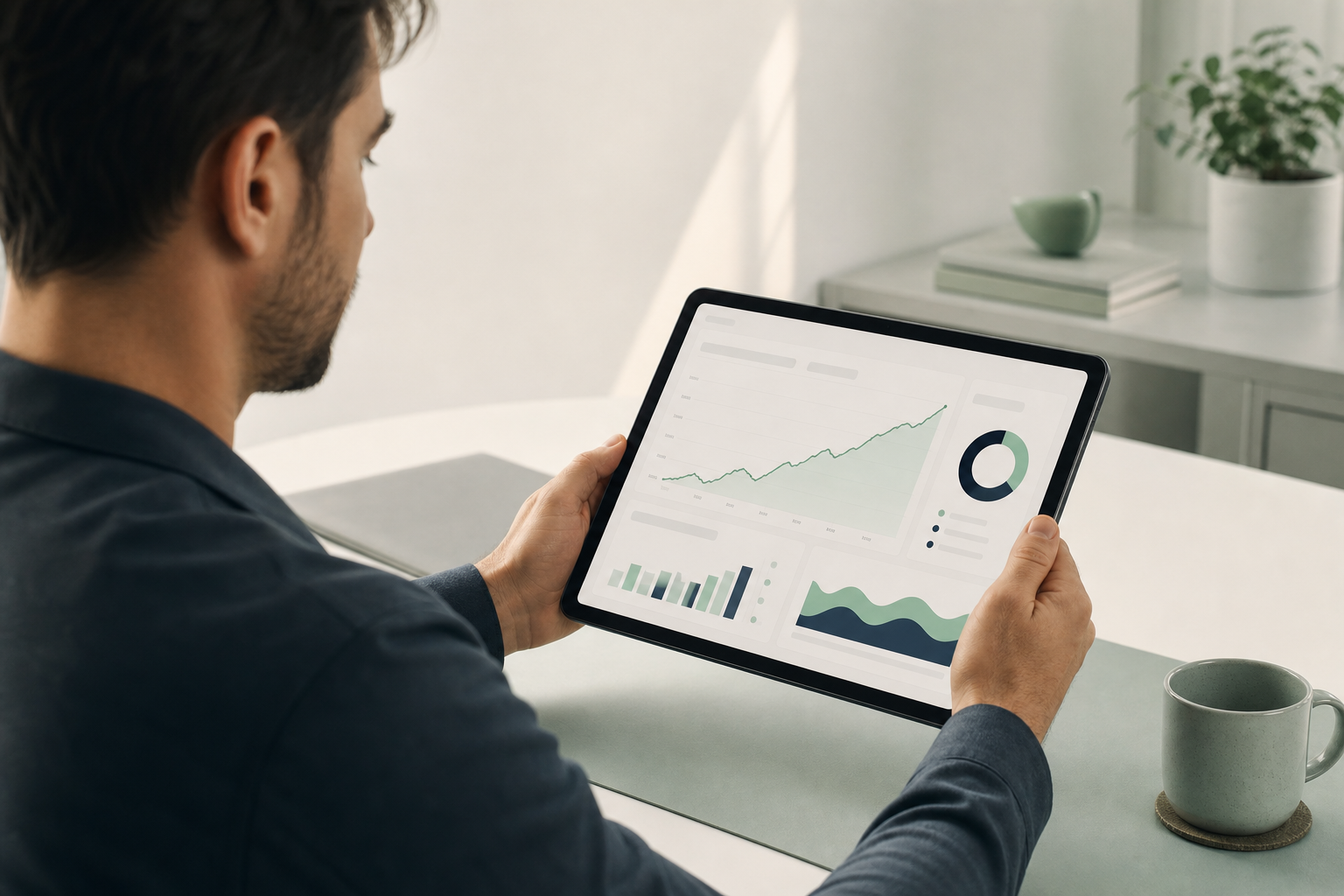 A Romanian entrepreneur examining on his tablet a monitoring dashboard of an AI chatbot with metrics of automatically resolved conversations