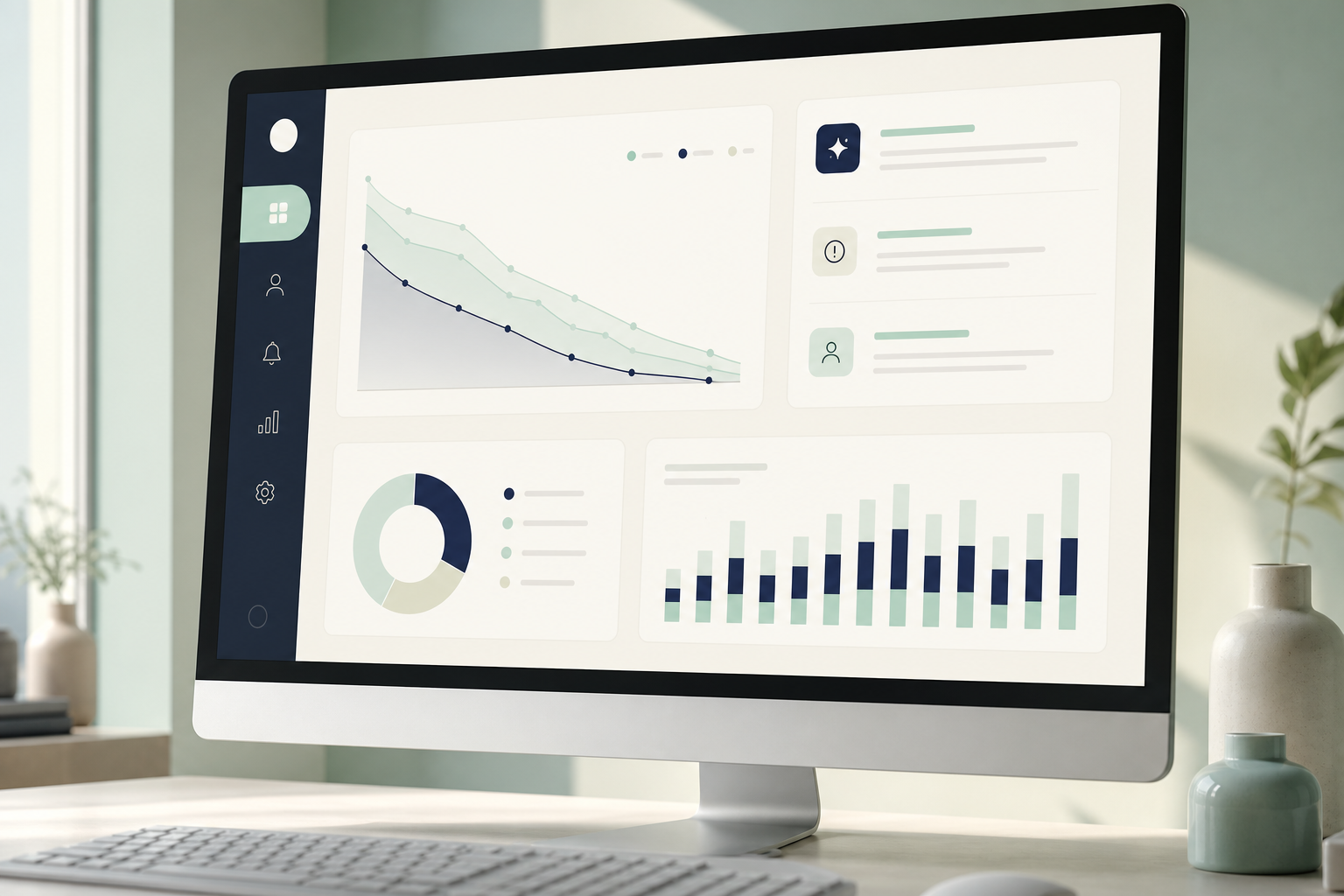 SaaS dashboard interface on a desktop monitor, displaying user retention charts and AI-generated personalization alerts