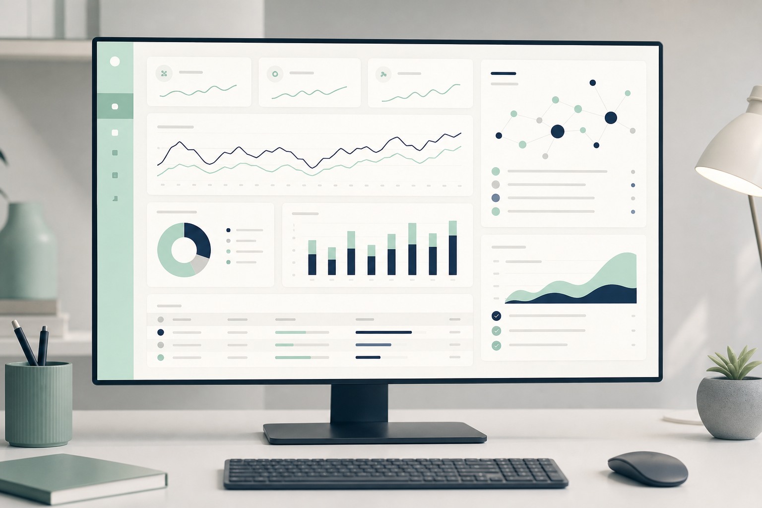 Dashboard di un negozio online con grafici di vendite e raccomandazioni AI visualizzati su un monitor da scrivania, senza persona visibile