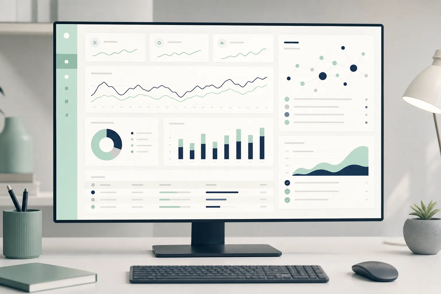 Panel de una tienda online con gráficos de ventas y recomendaciones de IA en el monitor de un escritorio, sin personas a la vista