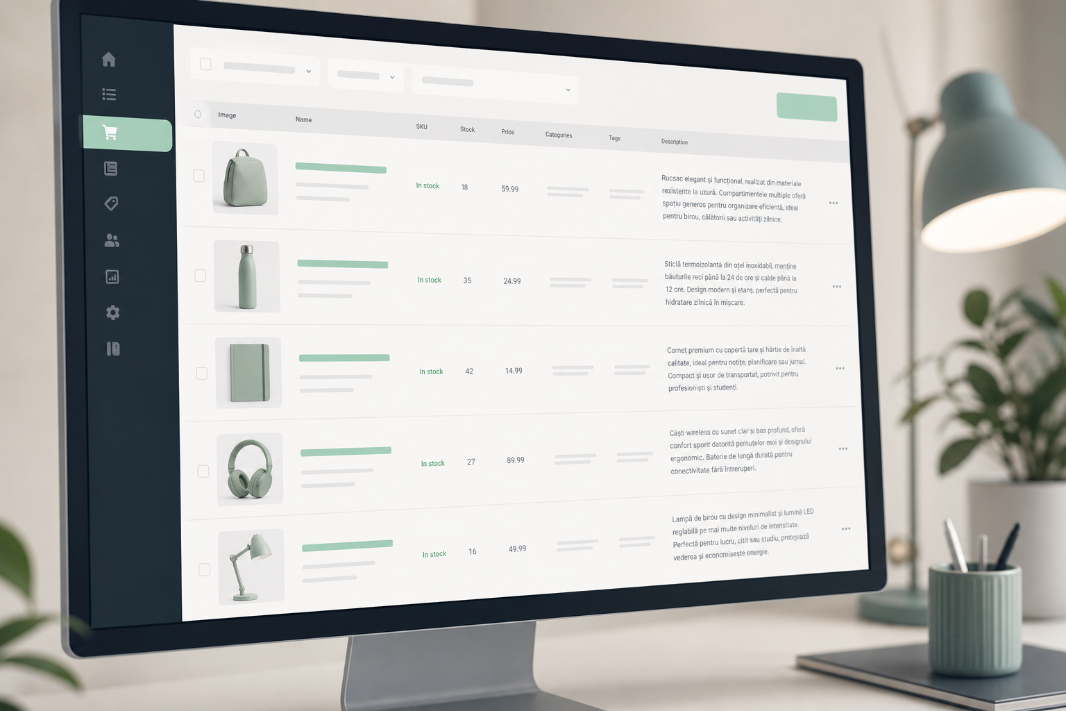Page d'administration WooCommerce avec plusieurs produits listés, chacun avec une description de texte générée automatiquement visible à l'écran