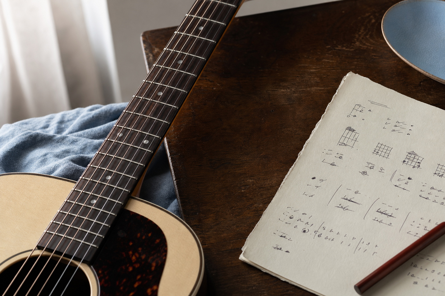 Close-up of a guitarist's hands on an acoustic guitar neck, with a sheet of handwritten song notes on a wooden table beside the instrument