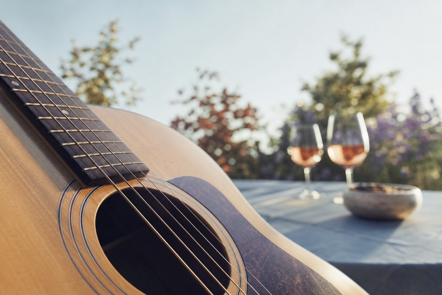 Nahaufnahme der Hände eines Gitarristen auf akustischen Gitarrensaiten, im Hintergrund ein sonnenbeschienener Gartentisch und Weingläser weich unscharf
