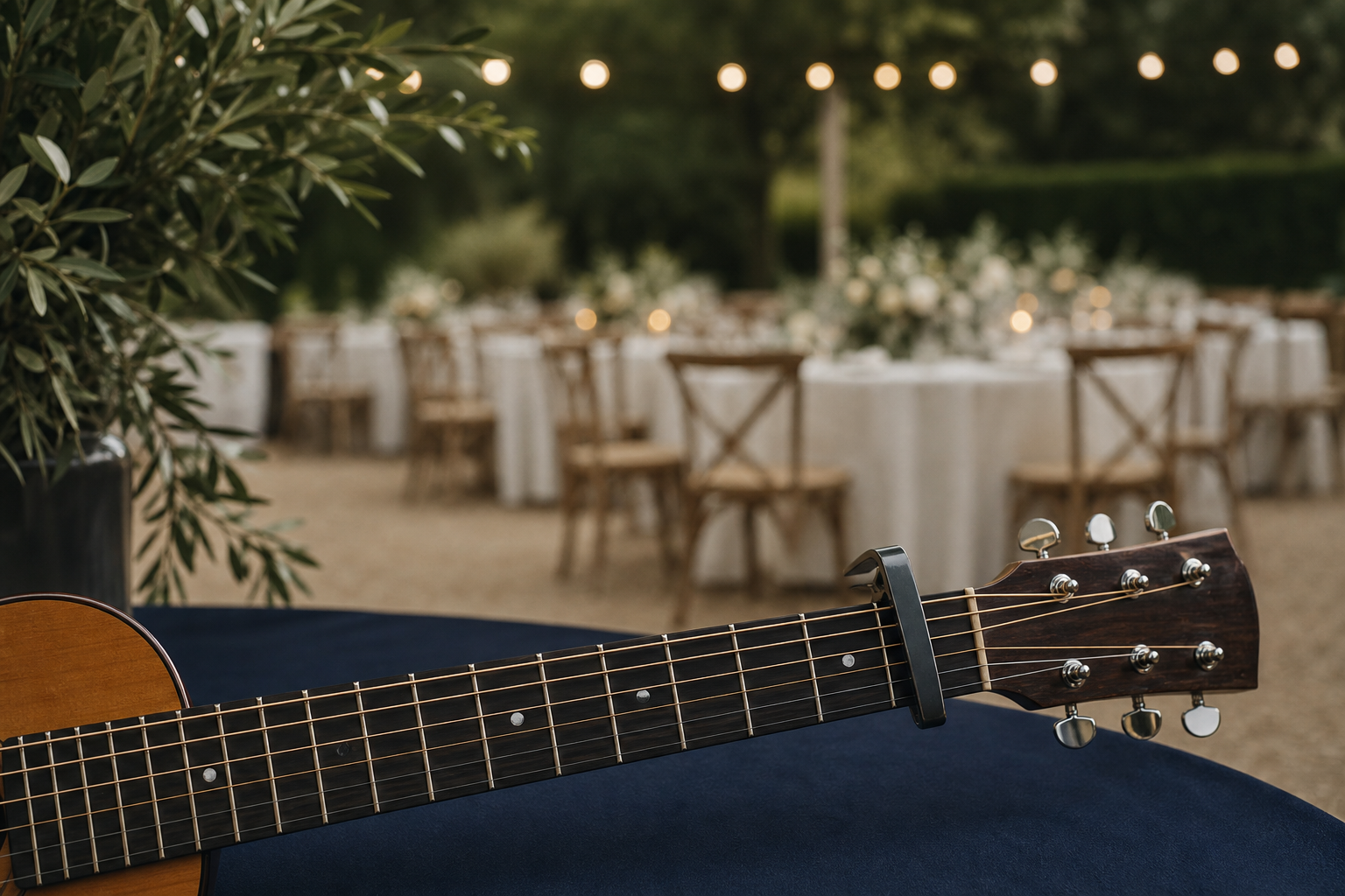 A close-up of a guitarist's left hand forming a chord on an acoustic guitar neck, with a blurred outdoor wedding reception in the background — guests in light s