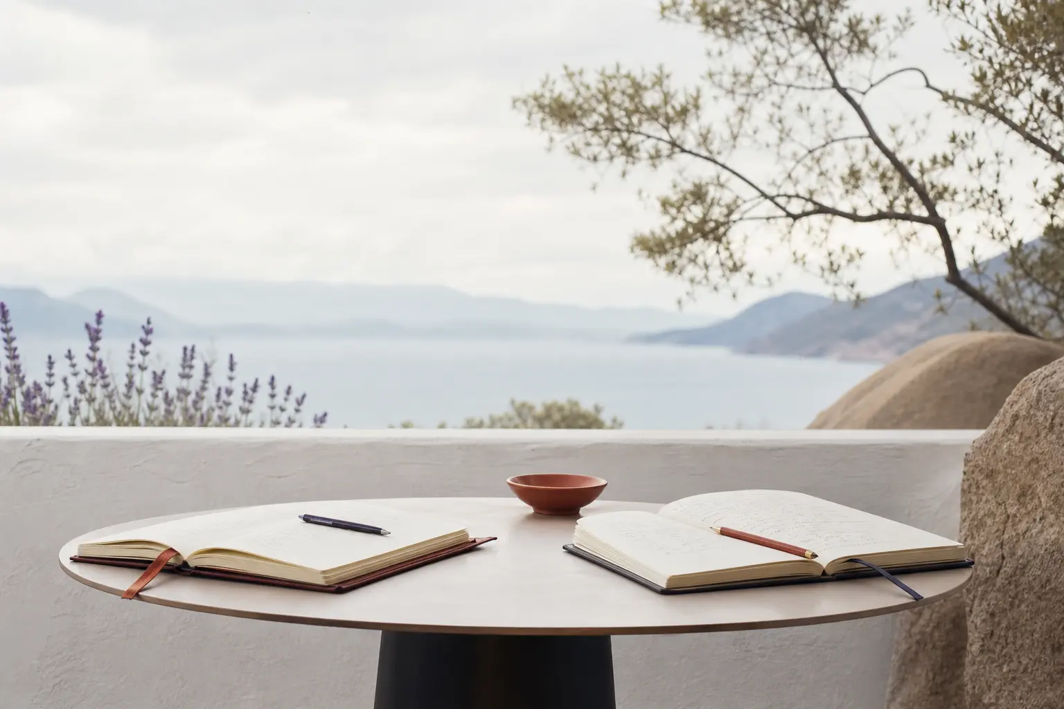 Two songwriters sitting across from each other at a simple table outdoors, each with an open notebook, one speaking while the other listens attentively
