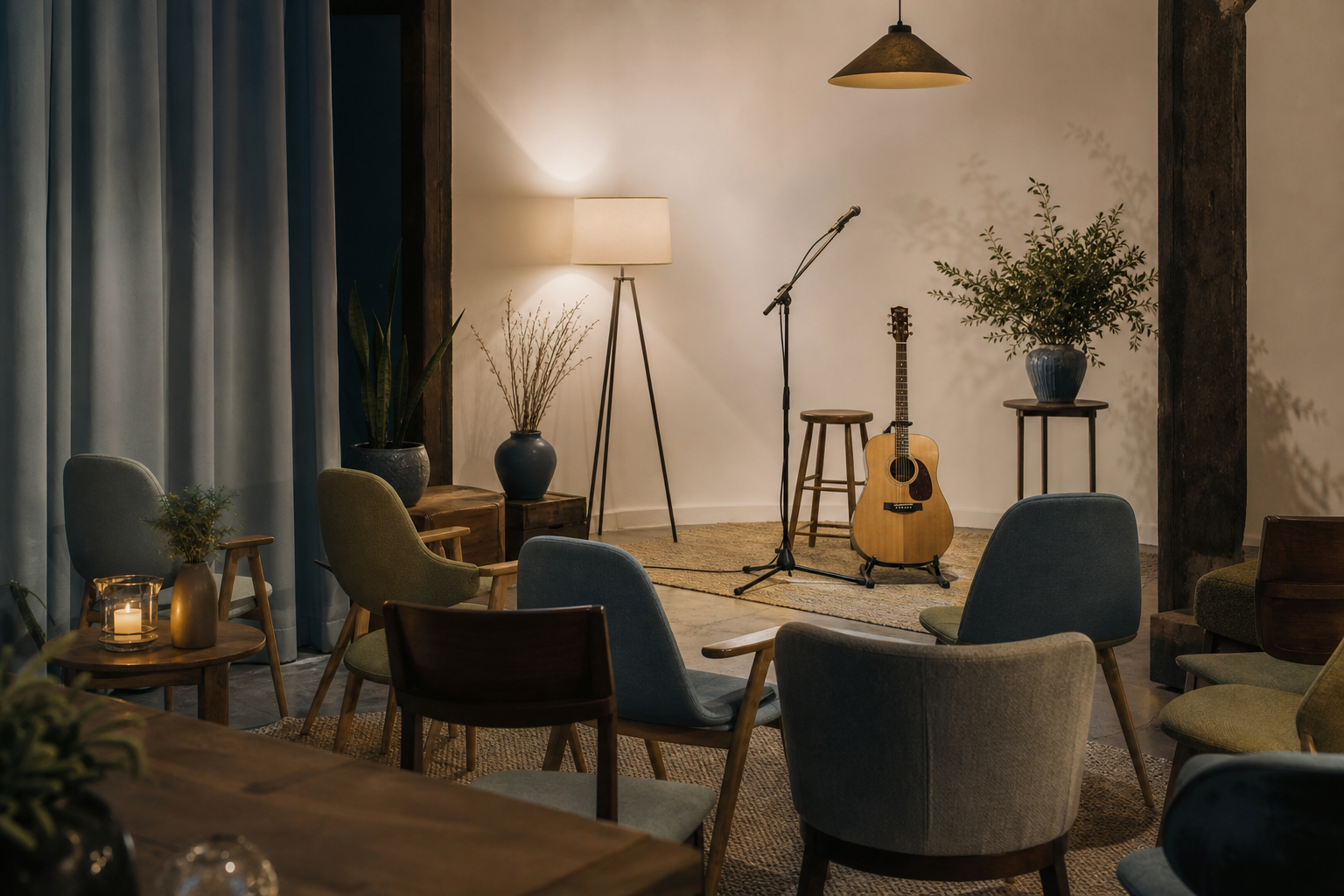 A singer-songwriter performing live at an intimate private event, acoustic guitar in hand, small audience seated close in a warmly lit room