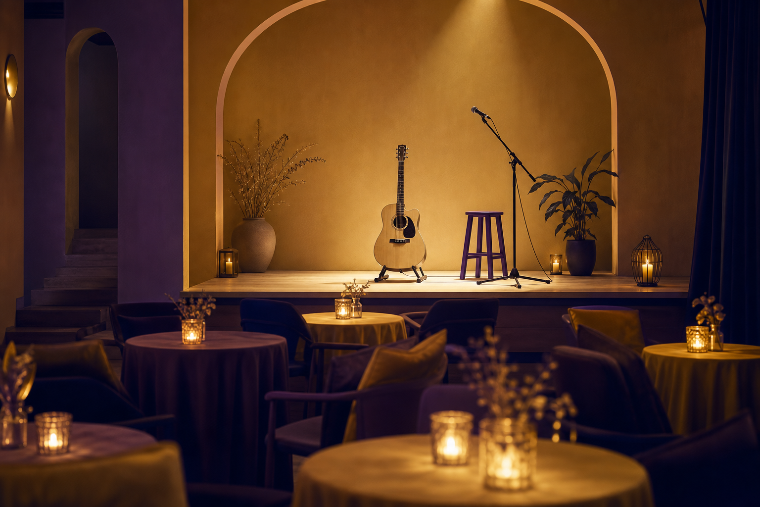 An independent musician performing live acoustic guitar on a small intimate stage for a modest seated audience at an evening private event, warm candlelight and