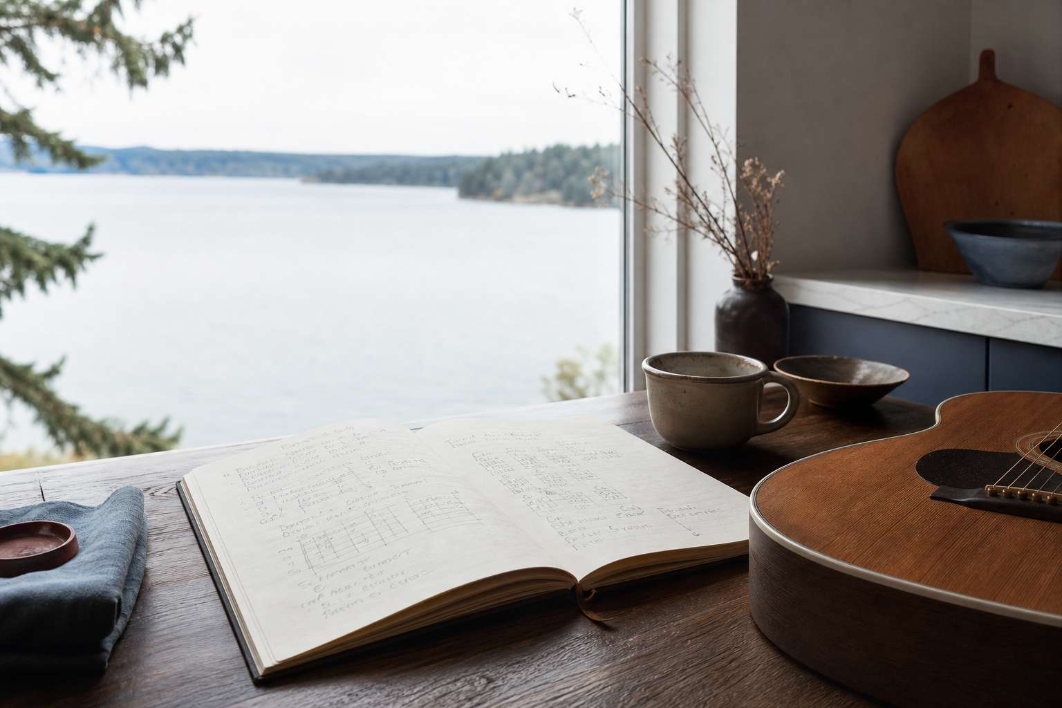 An adult student and a guitarist-songwriter teacher sitting together at a kitchen table near a window overlooking a lake, both looking at a notebook with handwr