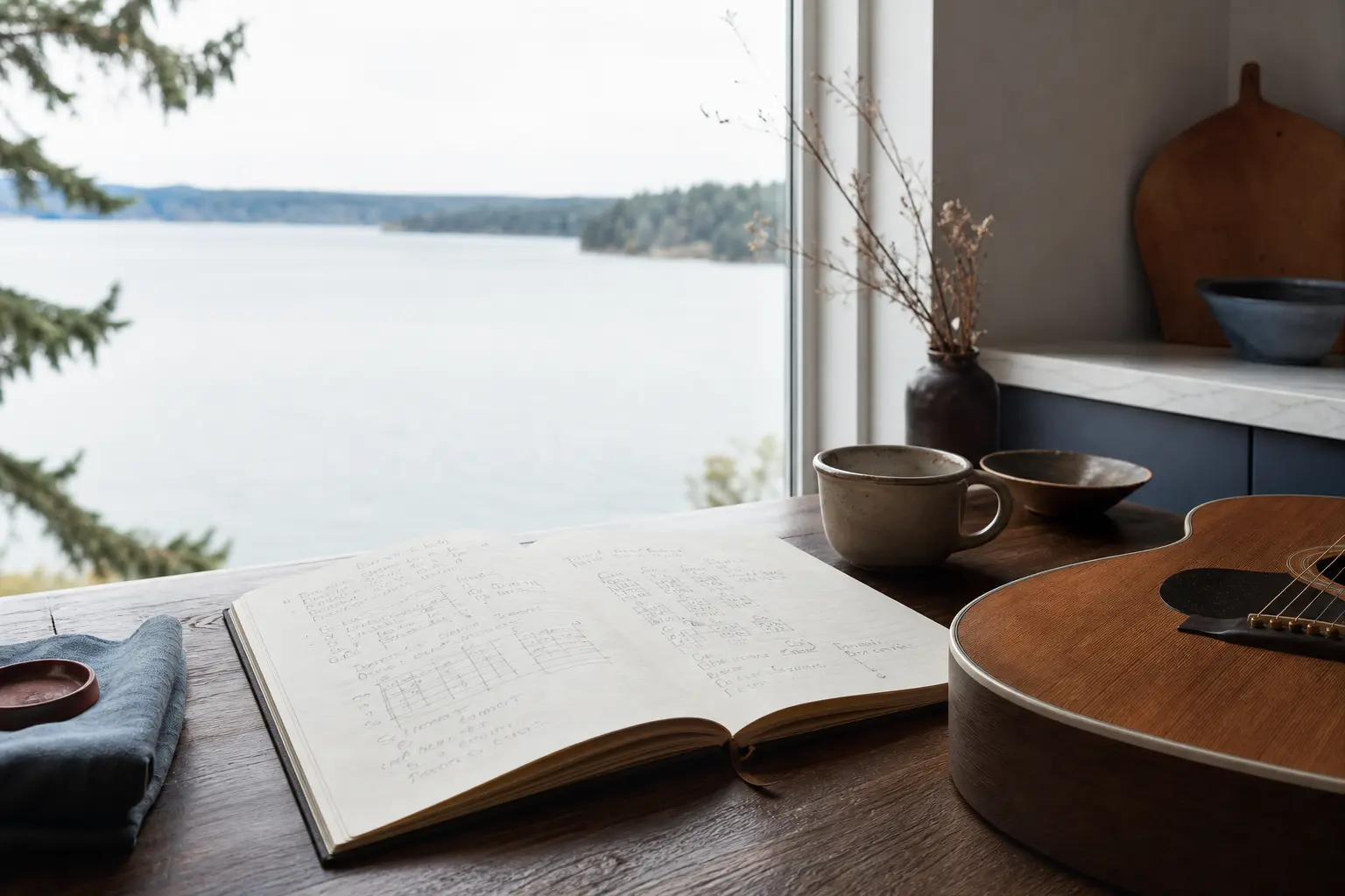 Ein erwachsener Schüler und ein Gitarrist-Songwriter-Lehrer sitzen zusammen an einem Küchentisch in der Nähe eines Fensters mit Blick auf einen See, beide schauen auf ein Notizbuch mit handgeschriebenen Notizen