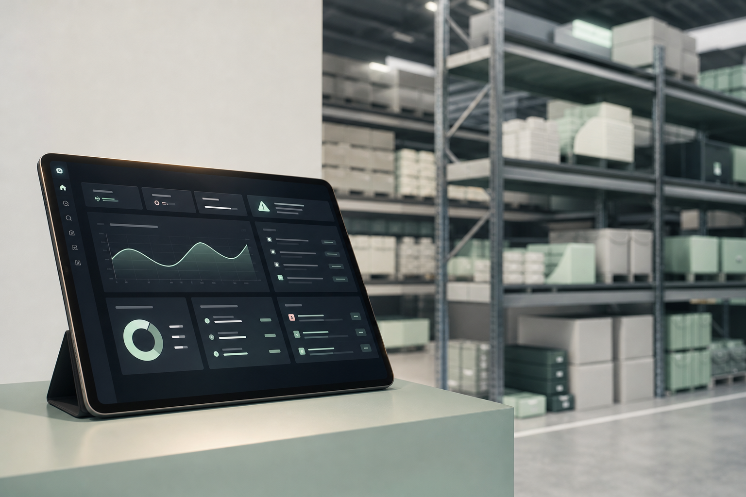 Modern warehouse with product shelf and tablet in foreground displaying an AI-based inventory management system with automatic reorder alerts
