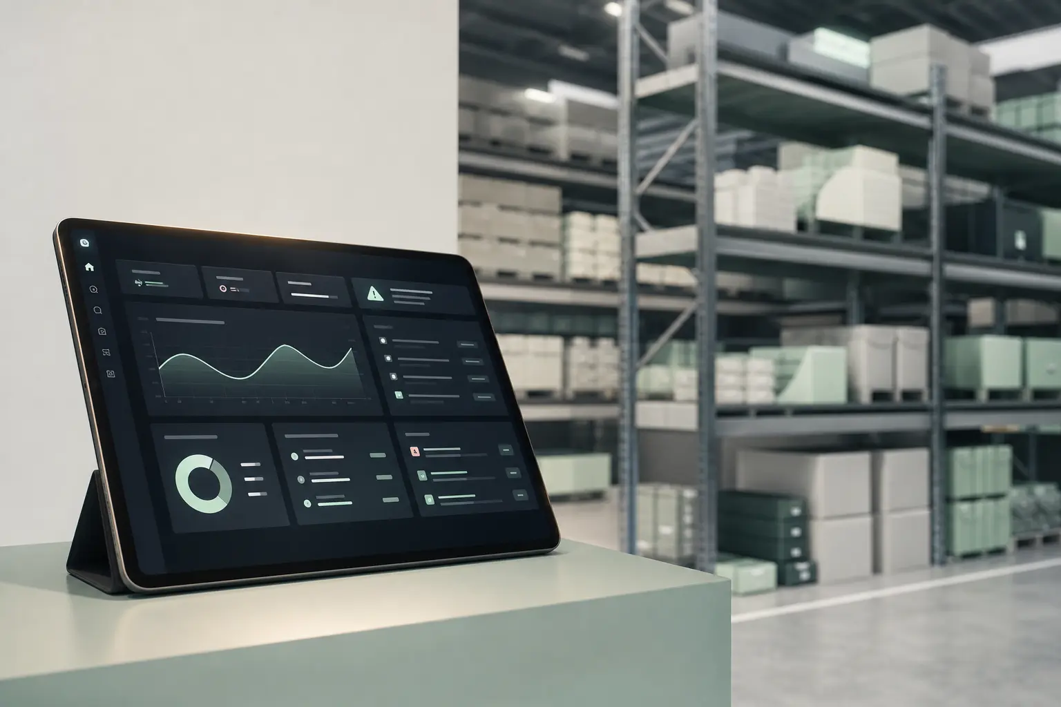 Almacén moderno con estanterías de productos y una tableta en primer plano que muestra un sistema de gestión de inventario con IA y alertas automáticas de reposición