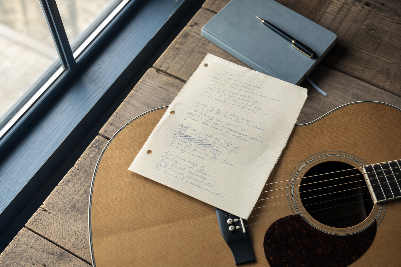 A handwritten song lyric sheet resting on an acoustic guitar body, beside a simple notebook and a pen on a wooden table near a window