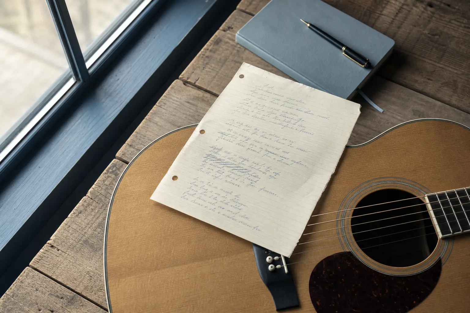 Ein handgeschriebenes Liedtextblatt, das auf einem akustischen Gitarrenkorpus ruht, neben einem einfachen Notizbuch und einem Stift auf einem Holztisch in der Nähe eines Fensters