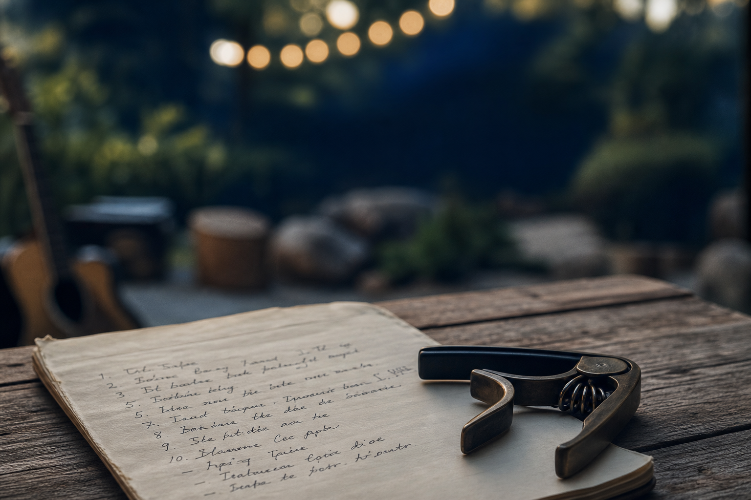 Close-up of handwritten setlist notes and a guitar capo resting on a wooden outdoor table, with blurred guests in conversation behind
