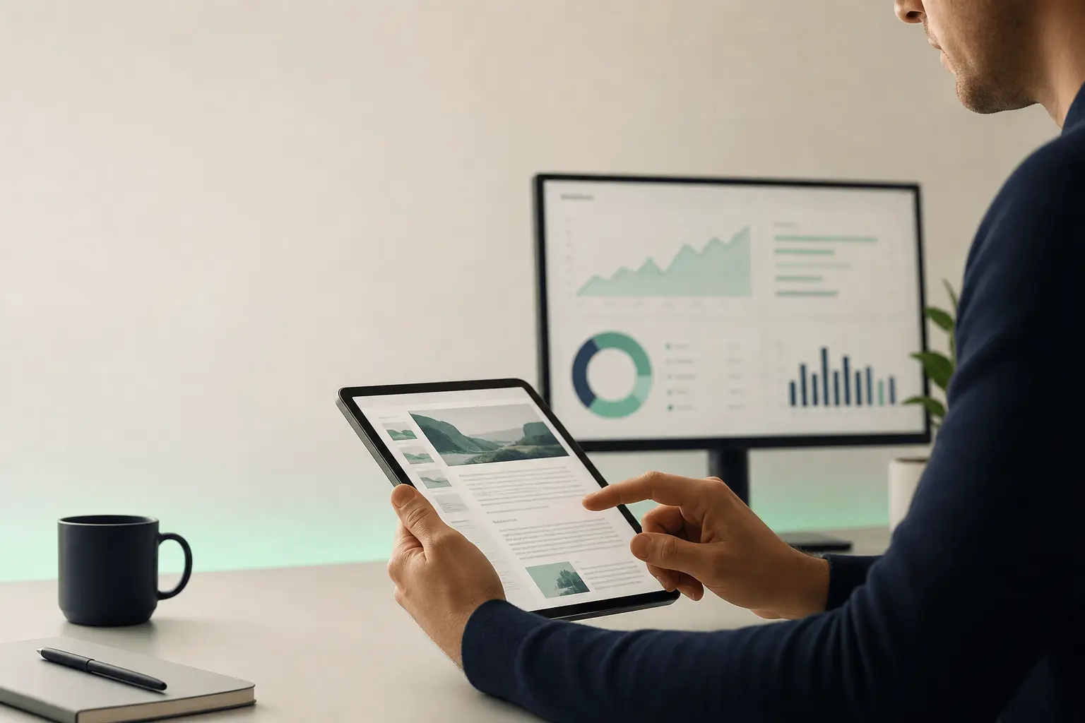 Unternehmer, der auf einem Tablet einen von KI generierten Artikel genehmigt, mit SEO-Grafiken im Hintergrund auf einem Sekundärmonitor sichtbar