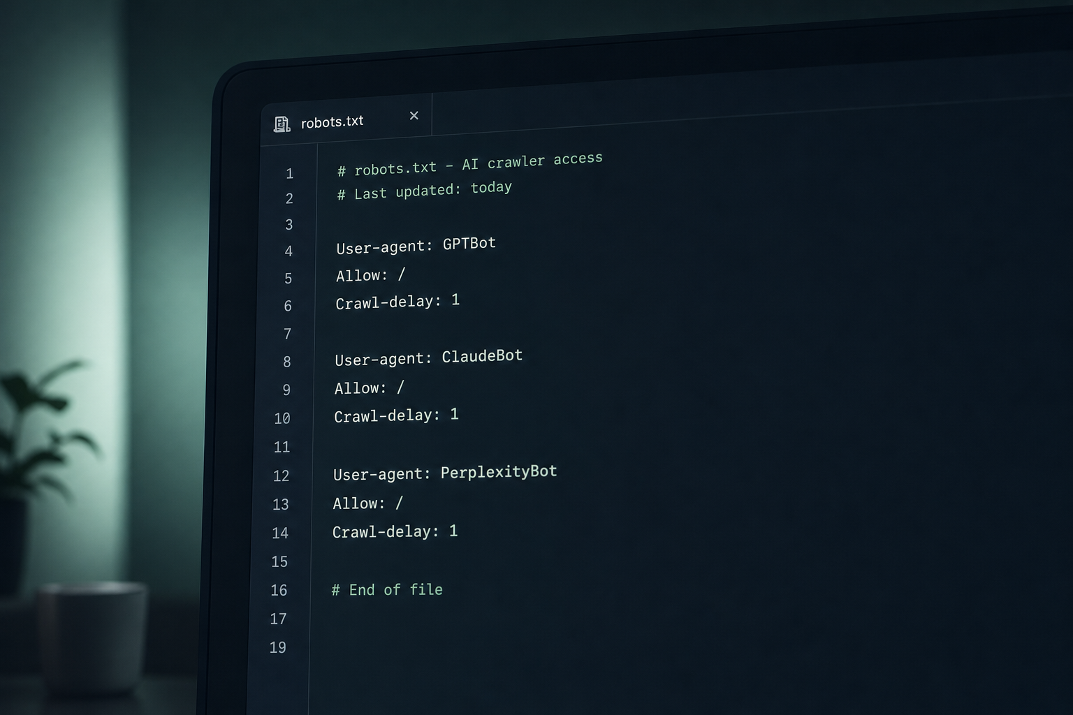 Ecran de terminal sau editor de cod afișând un fișier robots.txt cu directive explicite pentru GPTBot, ClaudeBot și PerplexityBot