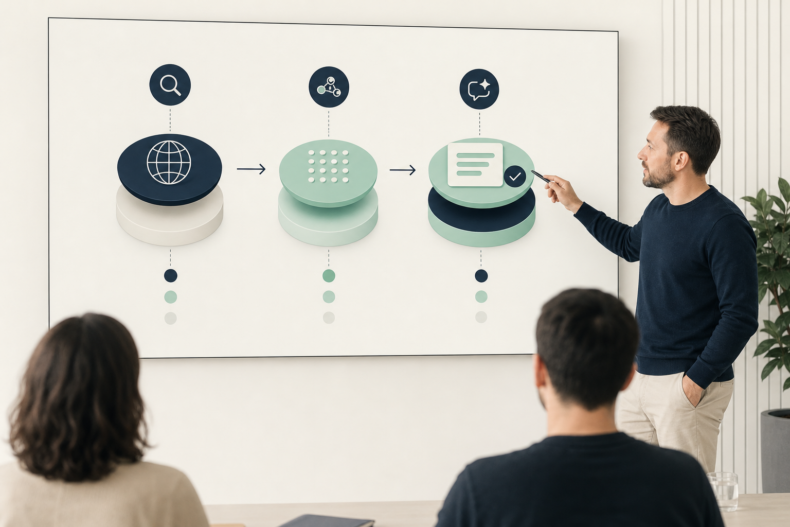 Diagramme visuel simple sur un tableau blanc ou un écran, montrant le lien entre SEO, GEO et AEO avec des flèches et des étiquettes claires, photographié dans un espace de travail