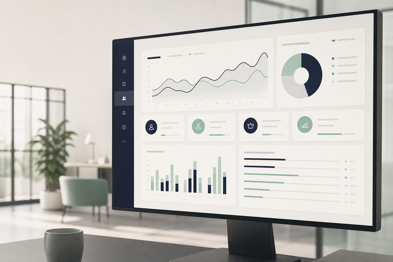 SaaS dashboard interface displayed on a large monitor in a modern office, with active user graphs and subscription metrics